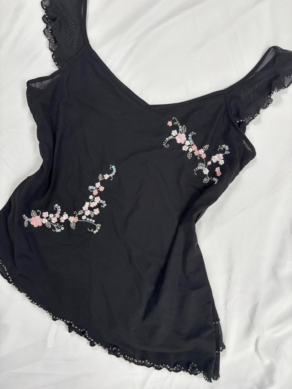 Black milkmaid neckline top with embellished cherry blossom details