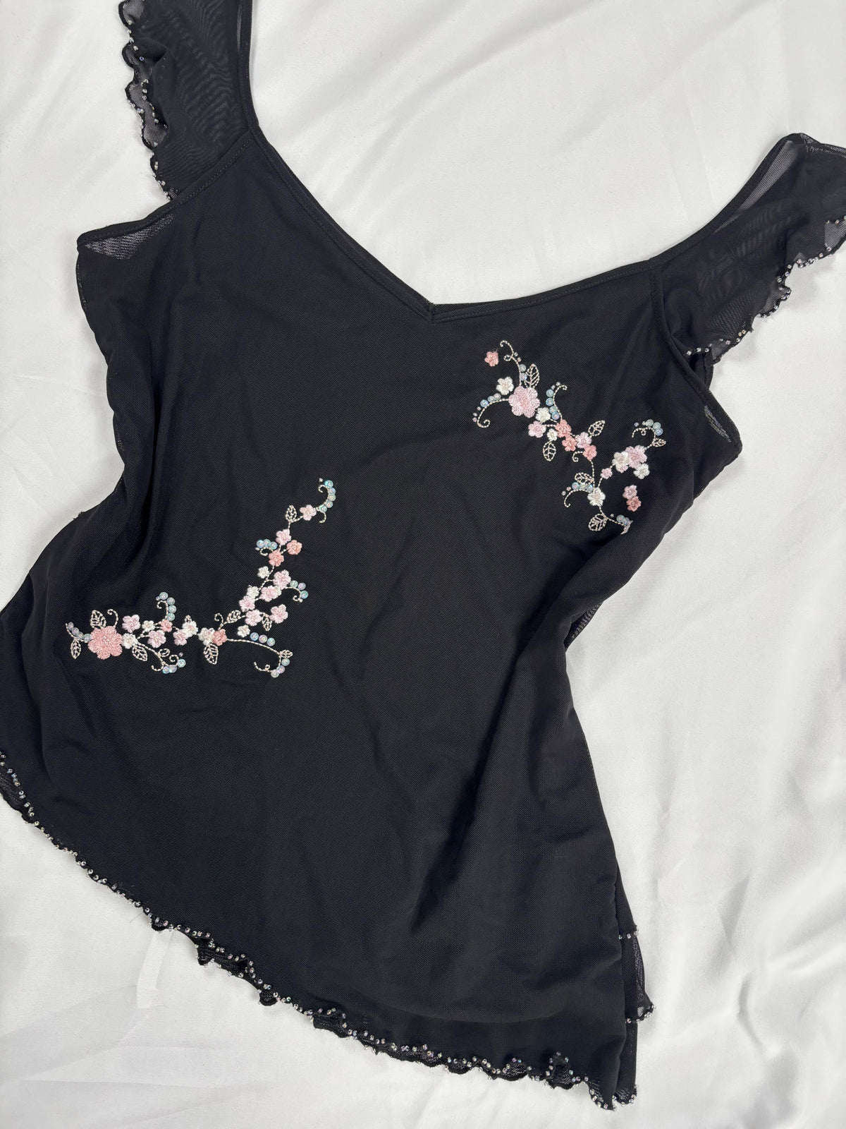 Black milkmaid neckline top with embellished cherry blossom details