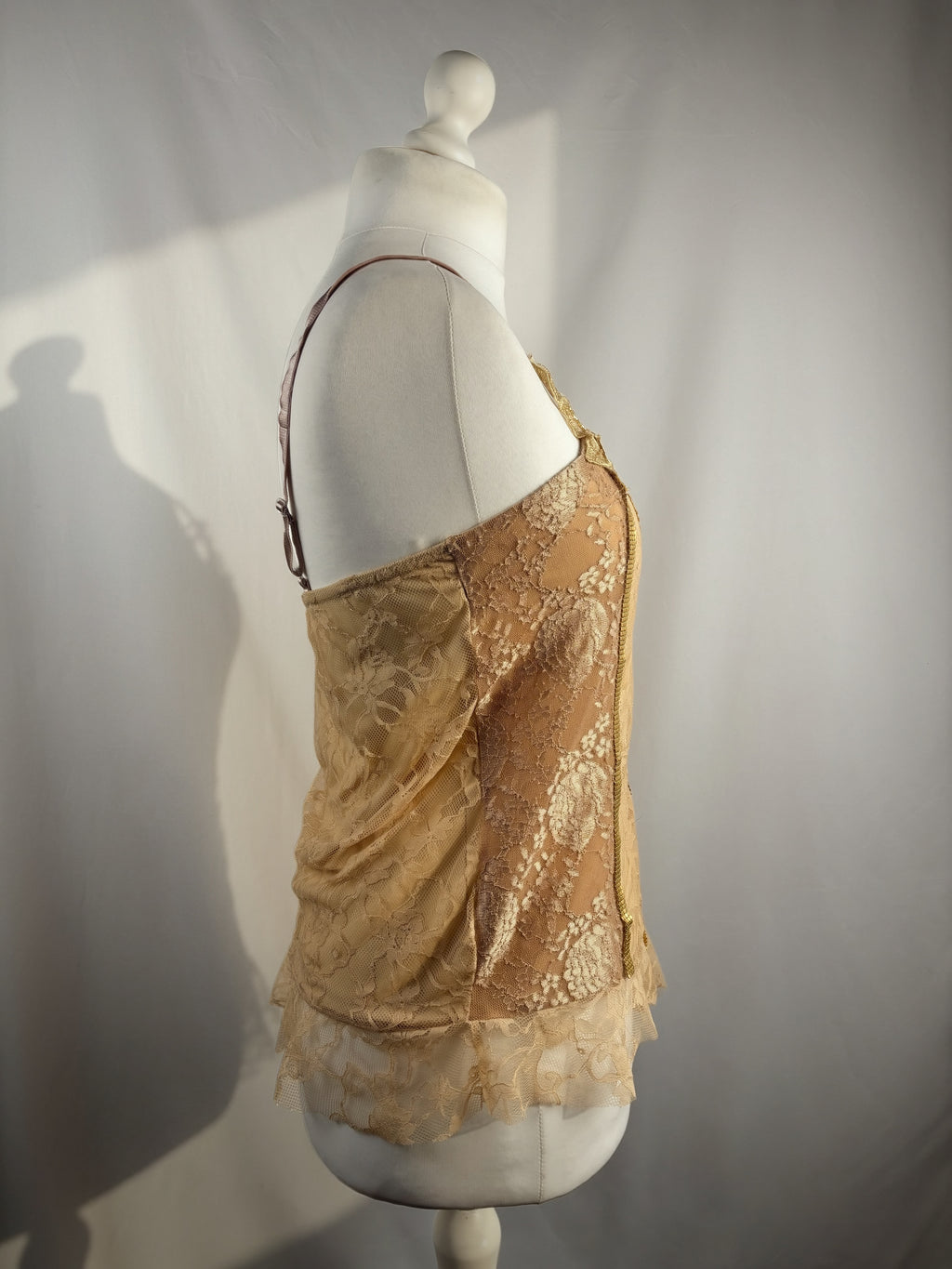 Golden asymmetric lace cami with embellished sequins