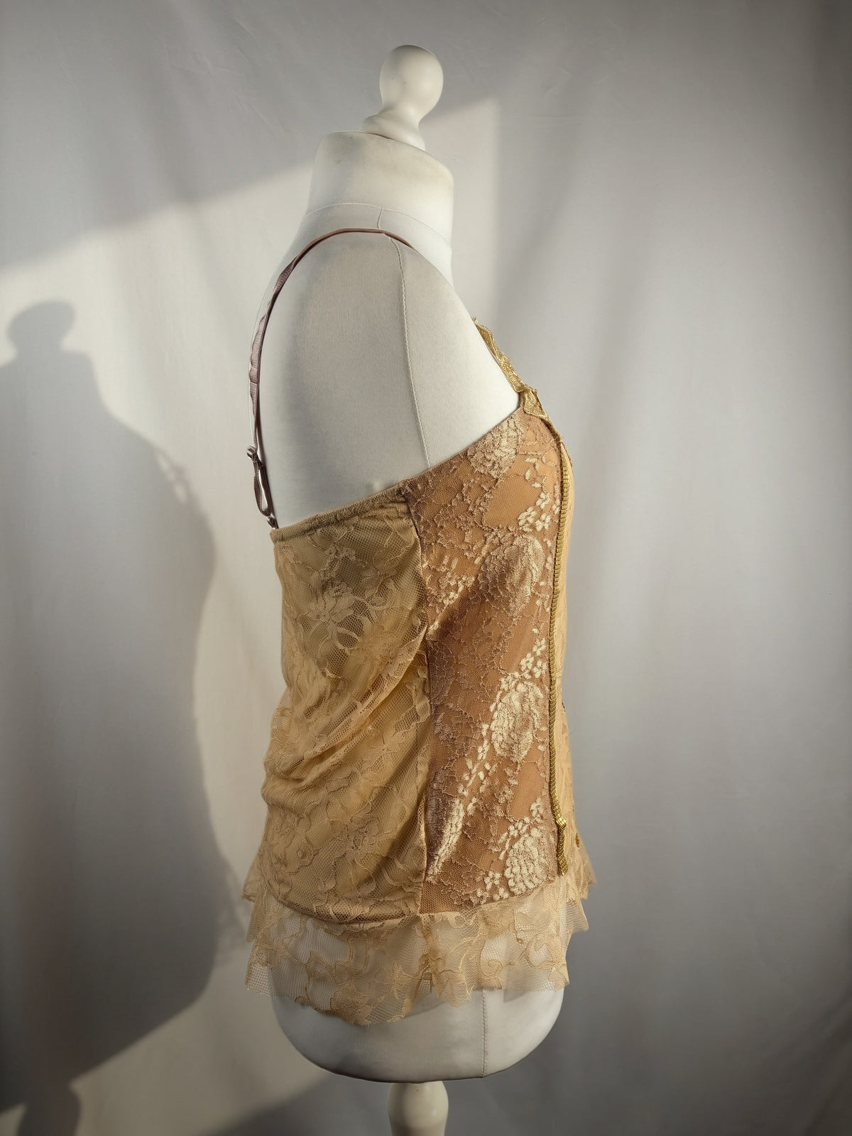 Golden asymmetric lace cami with embellished sequins
