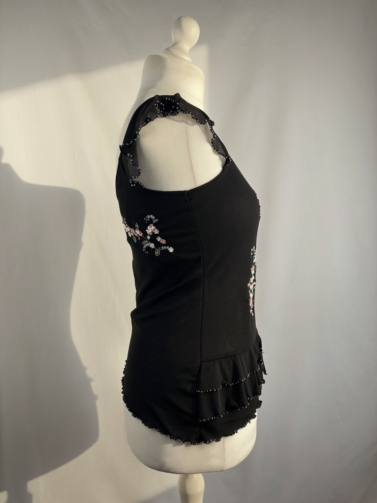 Black milkmaid neckline top with embellished cherry blossom details