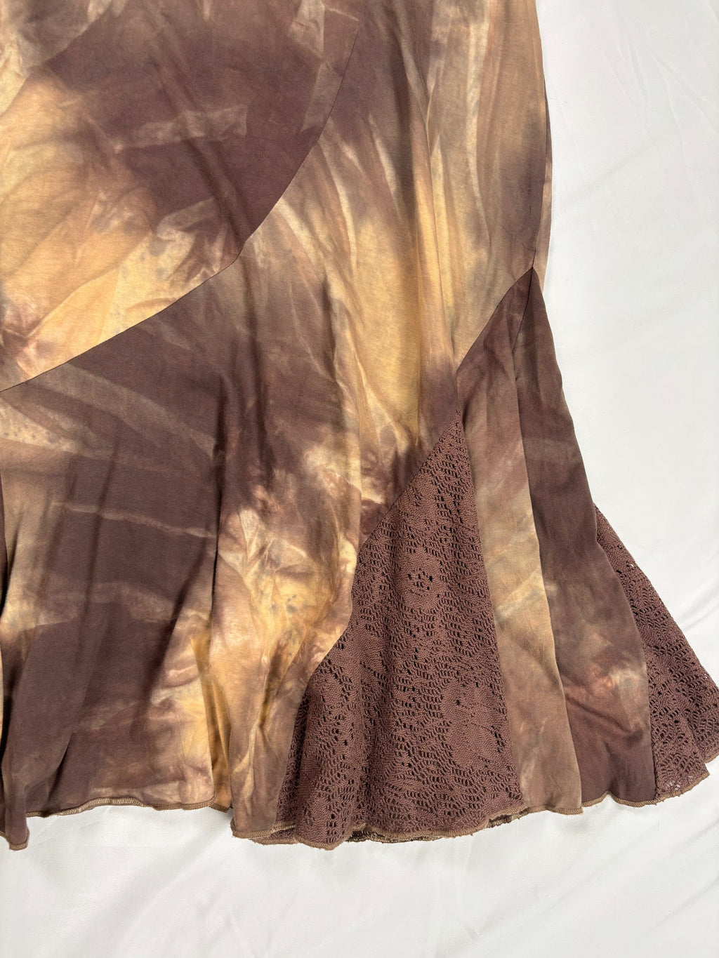 Brown and beige ombré patchwork skirt with floral tassel details