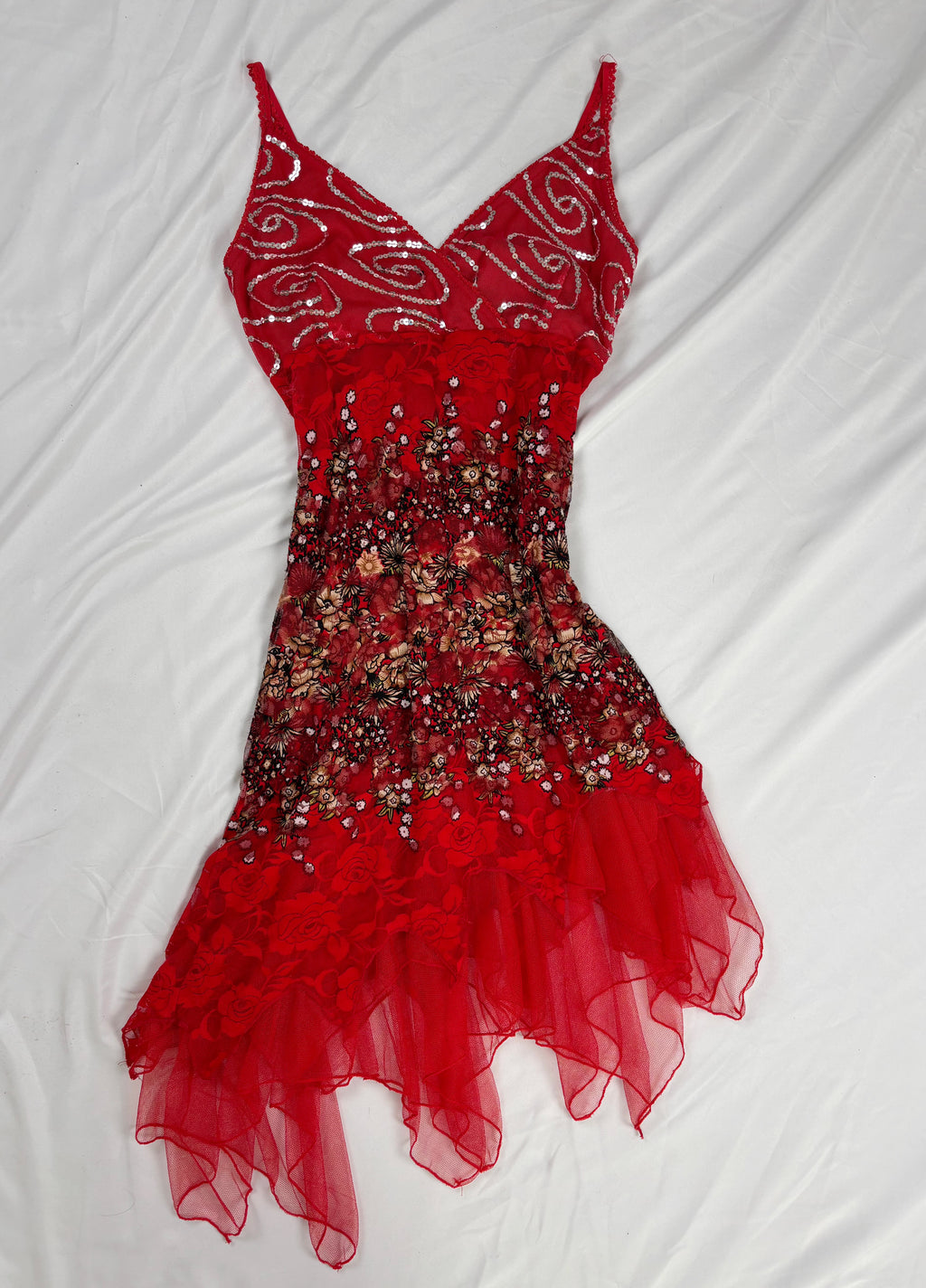 Red lace asymmetric fairy mini dress with sequin details