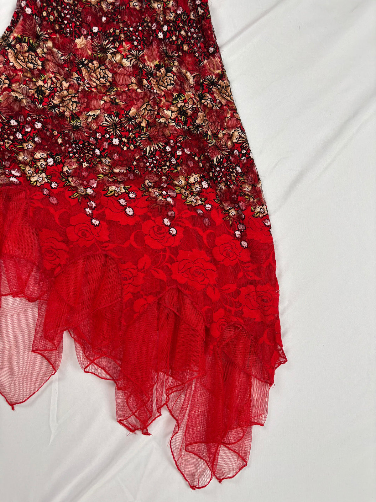 Red lace asymmetric fairy mini dress with sequin details