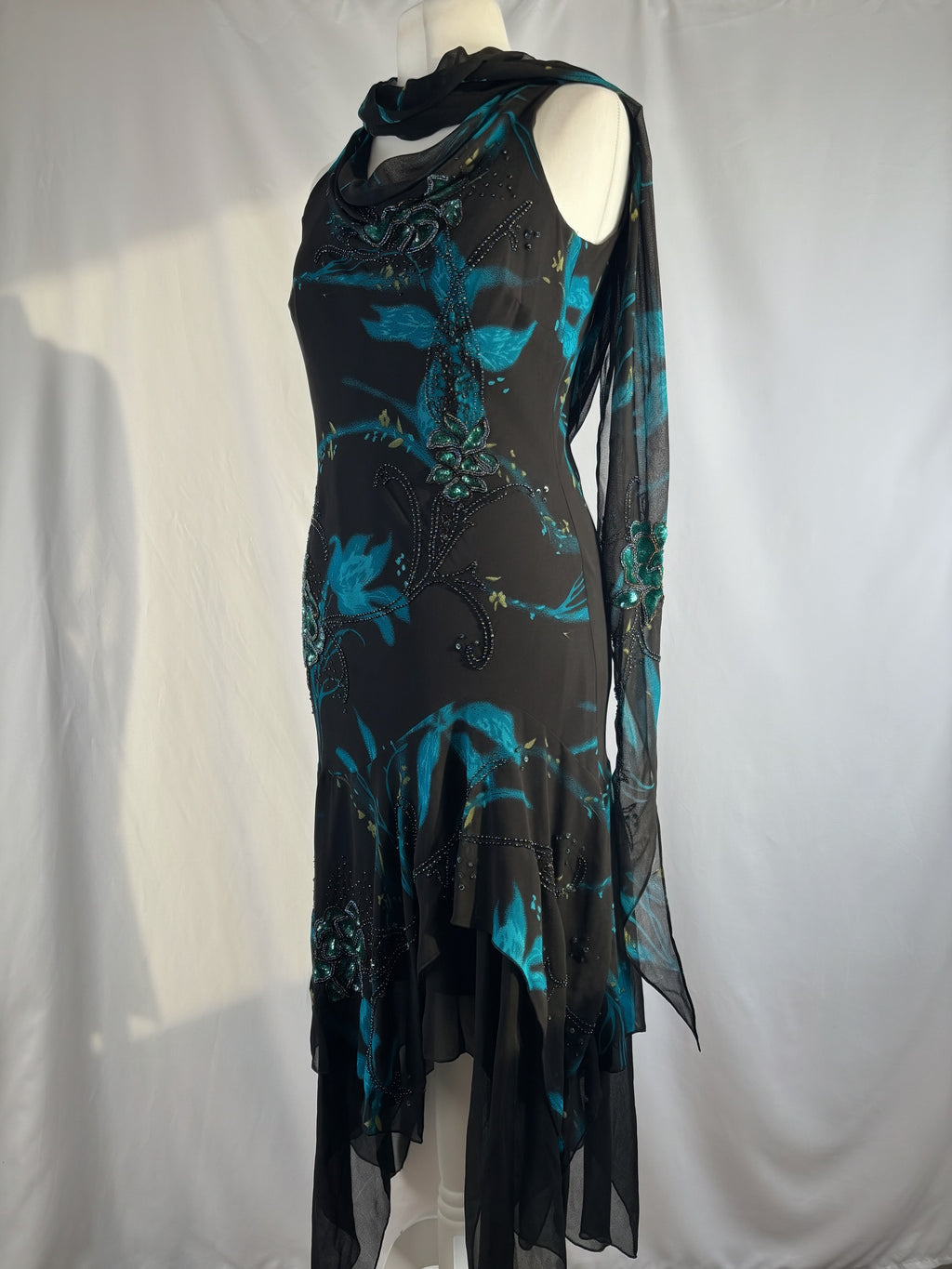 Black and blue floral asymmetric beaded dress with shawl
