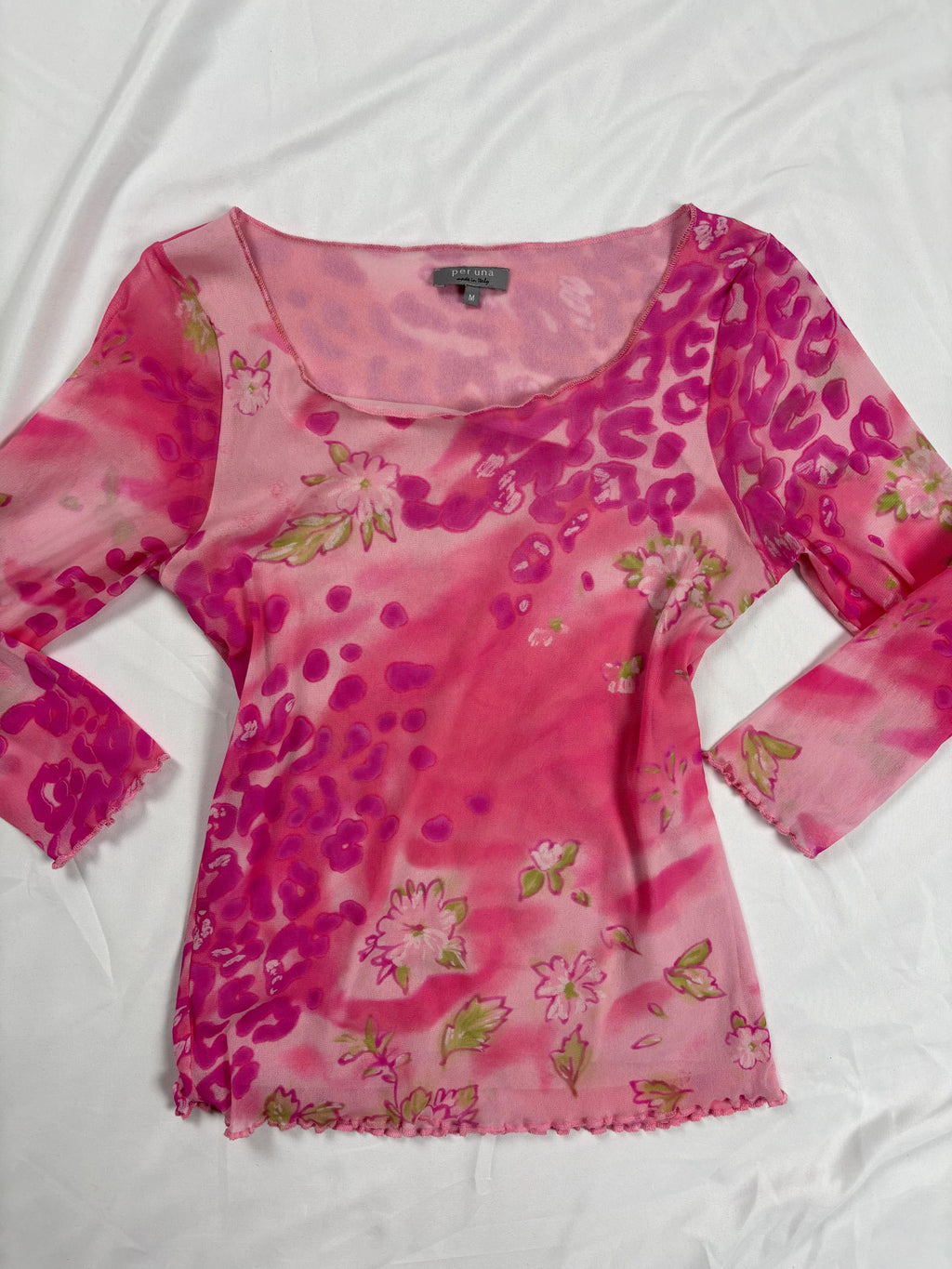 Hot pink animal print mesh 3/4 sleeve top