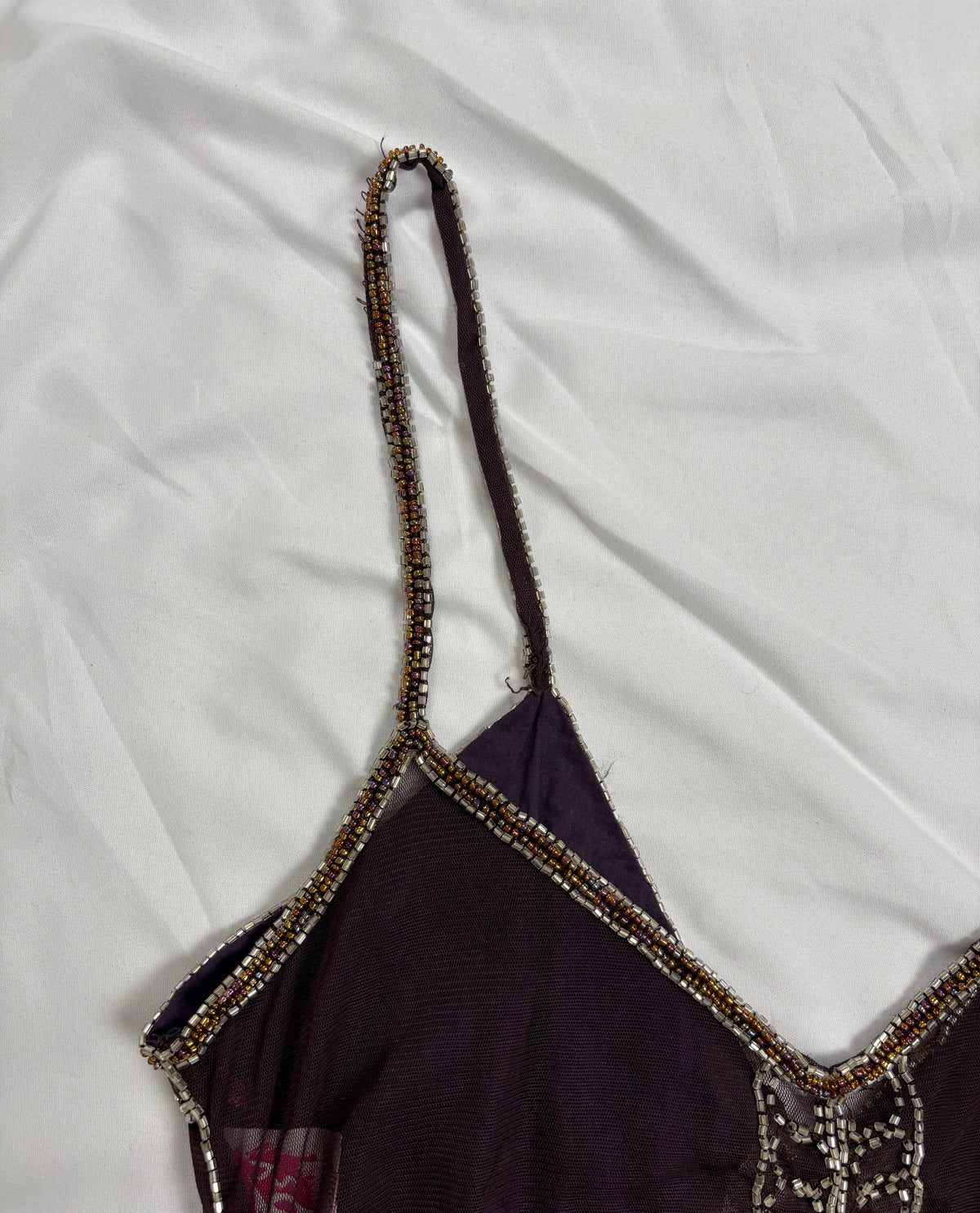 Chocolate brown sheer beaded asymmetric fairy cami