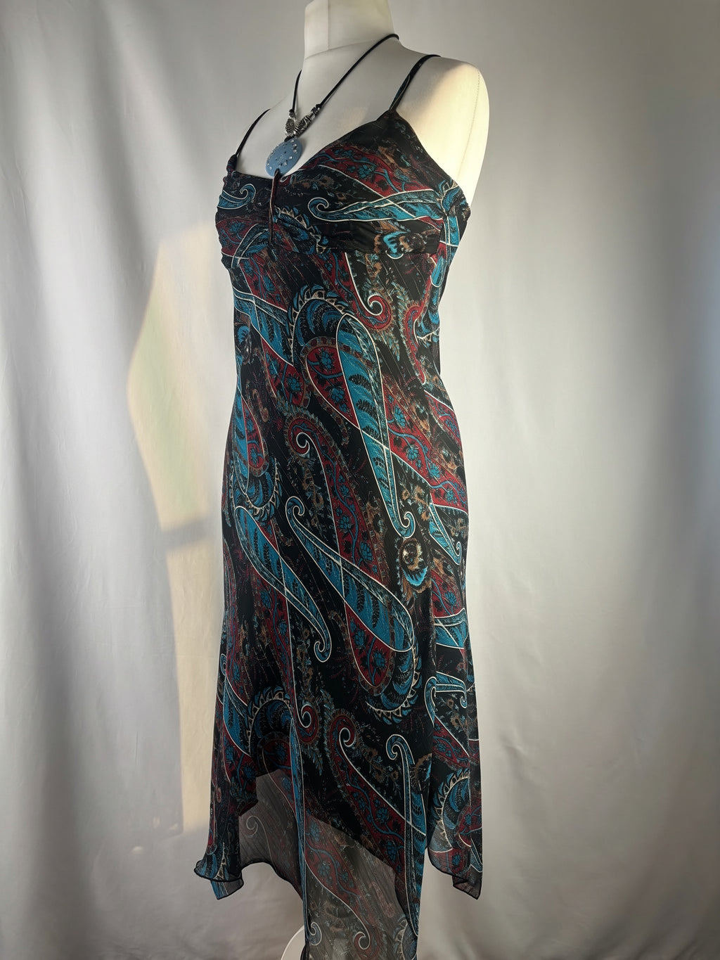 Paisley asymmetric maxi dress with beaded halterneck detail