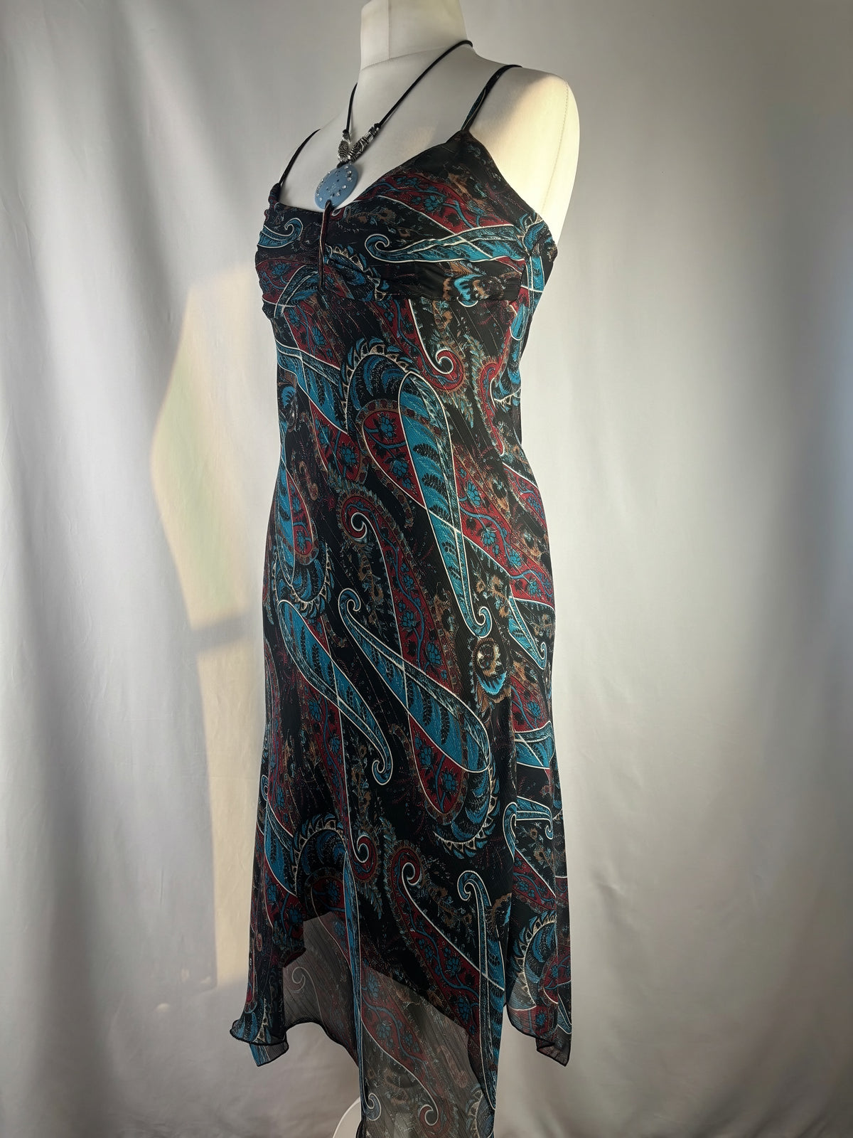 Paisley asymmetric maxi dress with beaded halterneck detail
