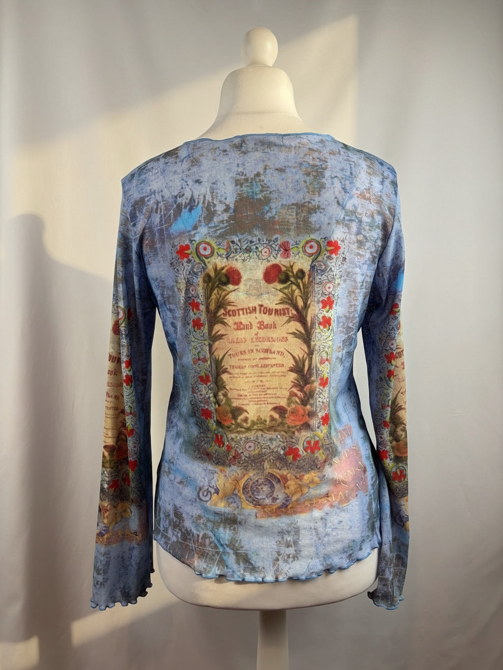 Blue sheer mesh Scotland graphic wide sleeve top