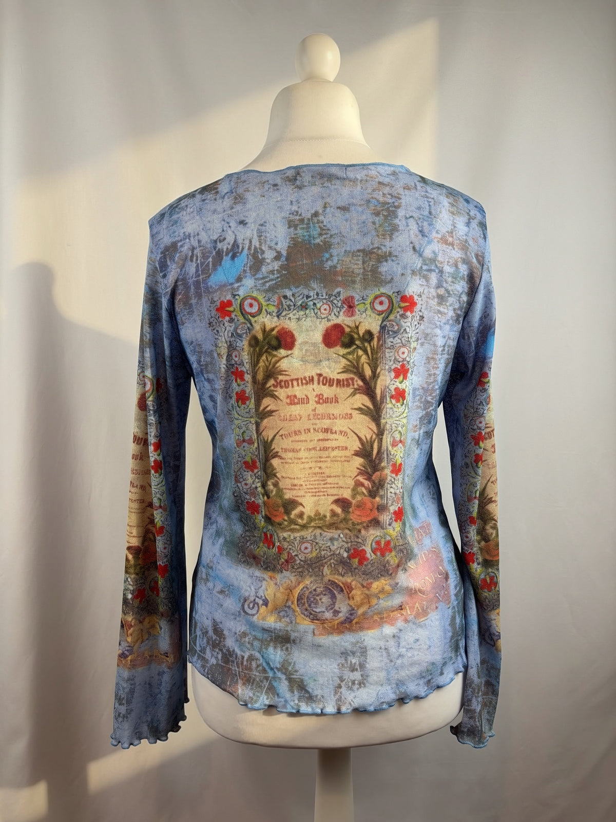 Blue sheer mesh Scotland graphic wide sleeve top