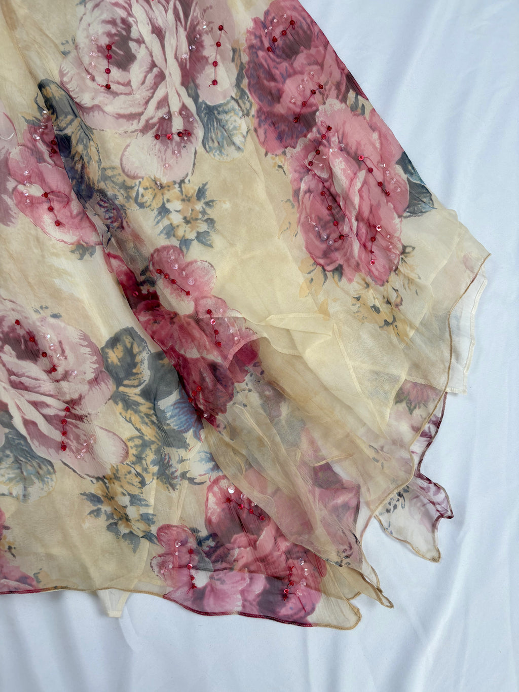 Sheer cream floral midi skirt embellished with sequins