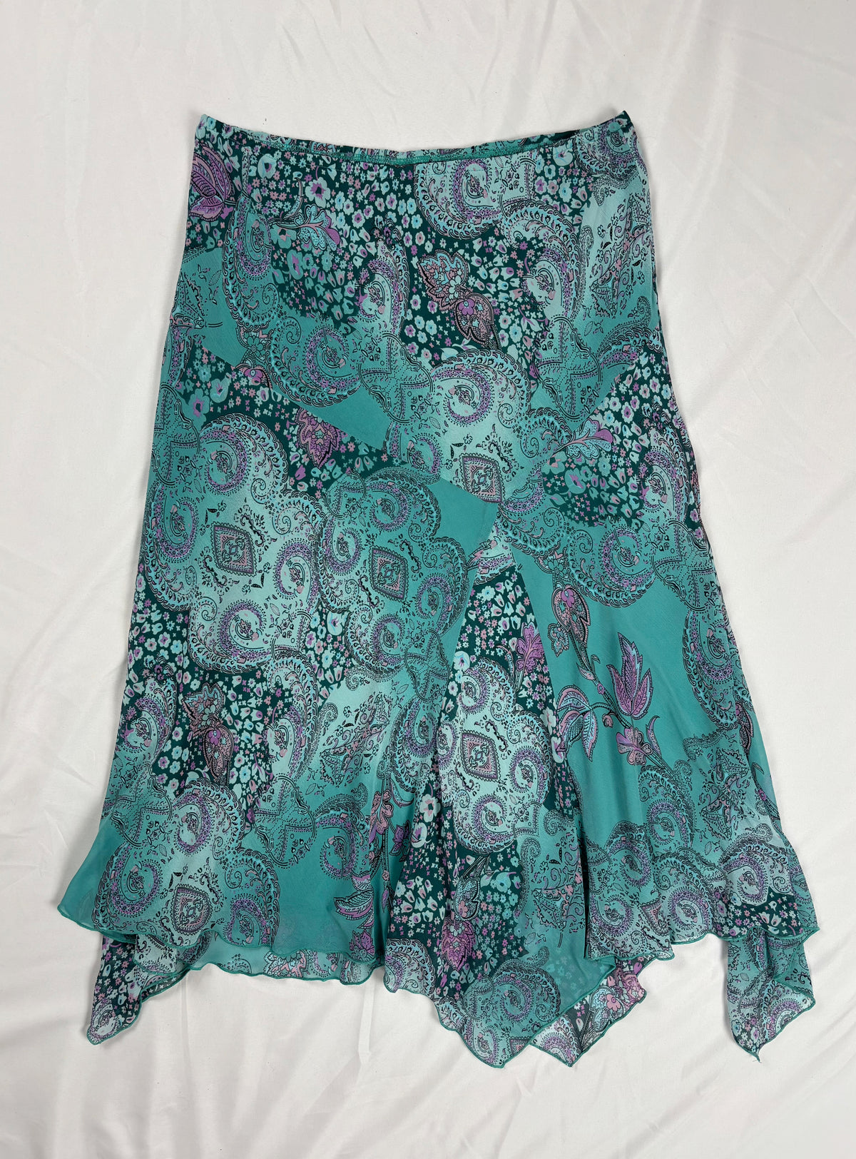 Blue and purple Paisley print midi skirt with asymmetric hem