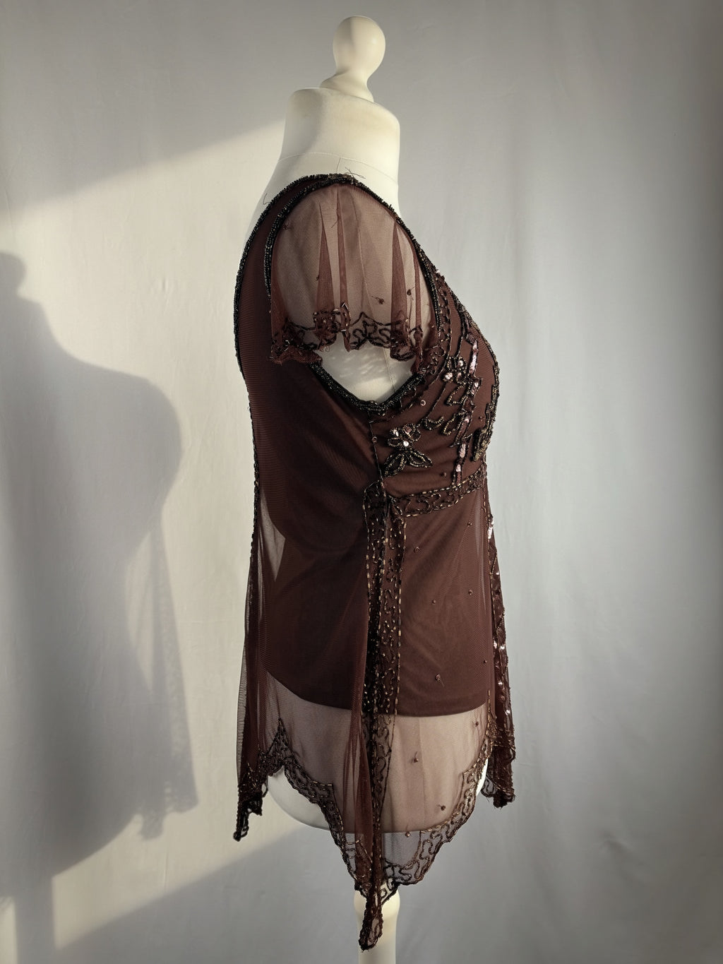 Chocolate brown asymmetrical mesh fairy top with v-neckline