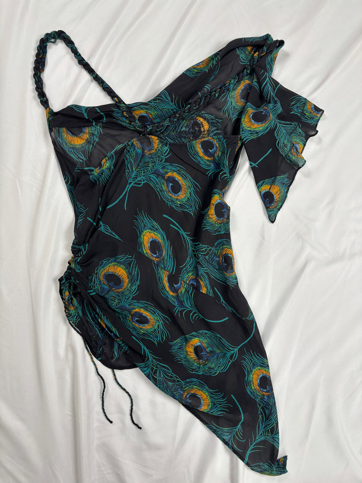 Black sheer silk peacock detailed cross back top with embellishments