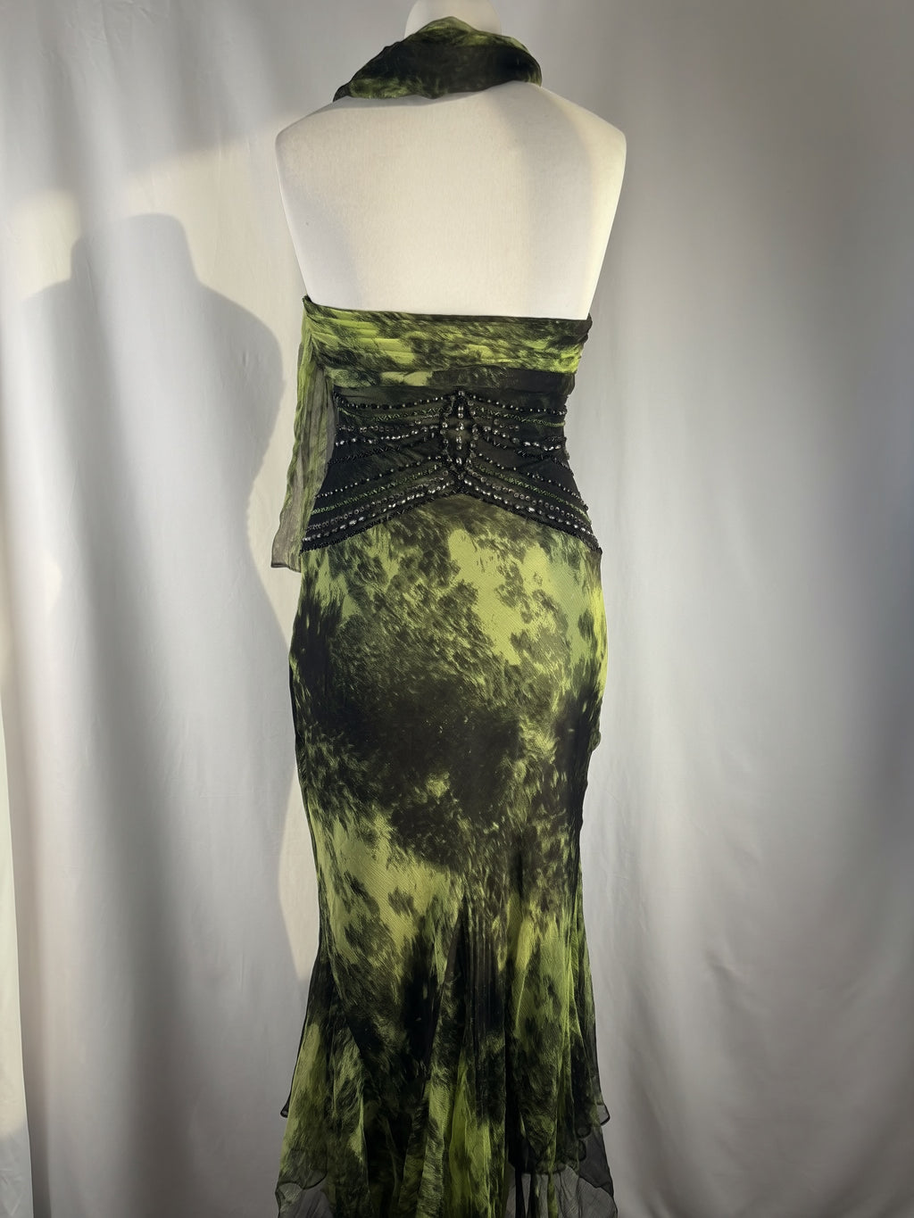 Black and green silk asymmetric beaded halterneck dress with shawl