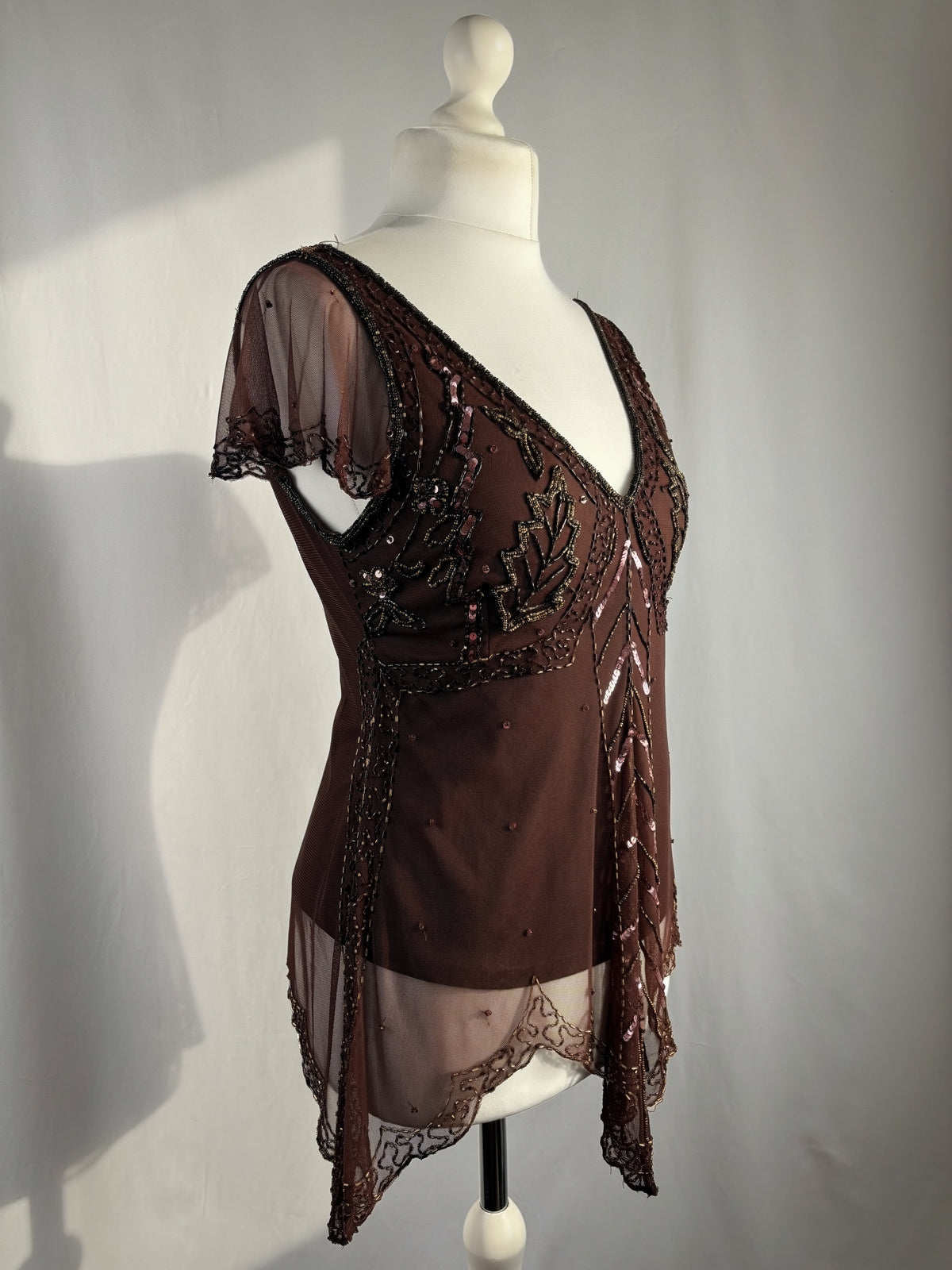 Chocolate brown asymmetrical mesh fairy top with v-neckline