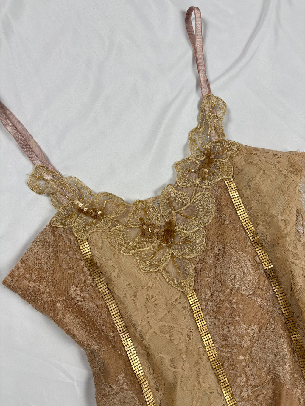 Golden asymmetric lace cami with embellished sequins