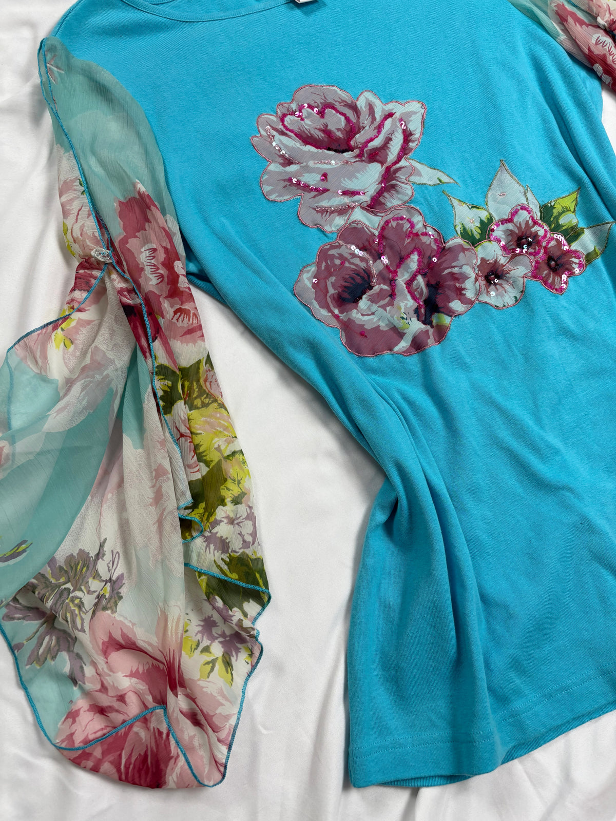 Blue floral Derhy detailed mesh flare/ long sleeve top with sequins