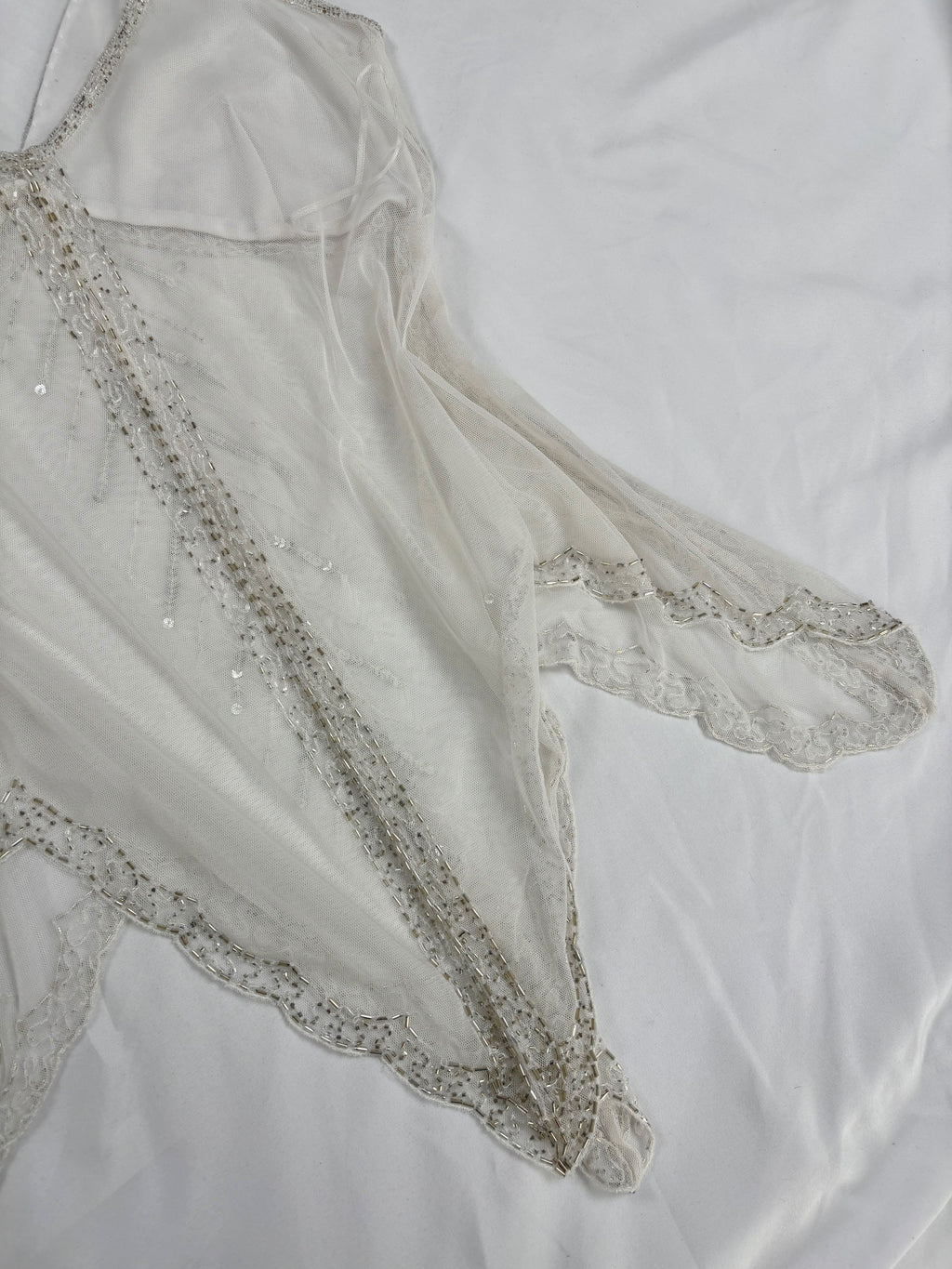 White beaded sheer asymmetrical fairy cami