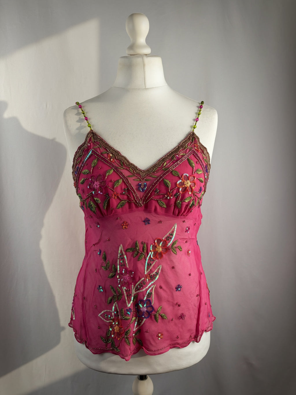 Hot pink sheer embellished aftershock silk cami with beaded straps
