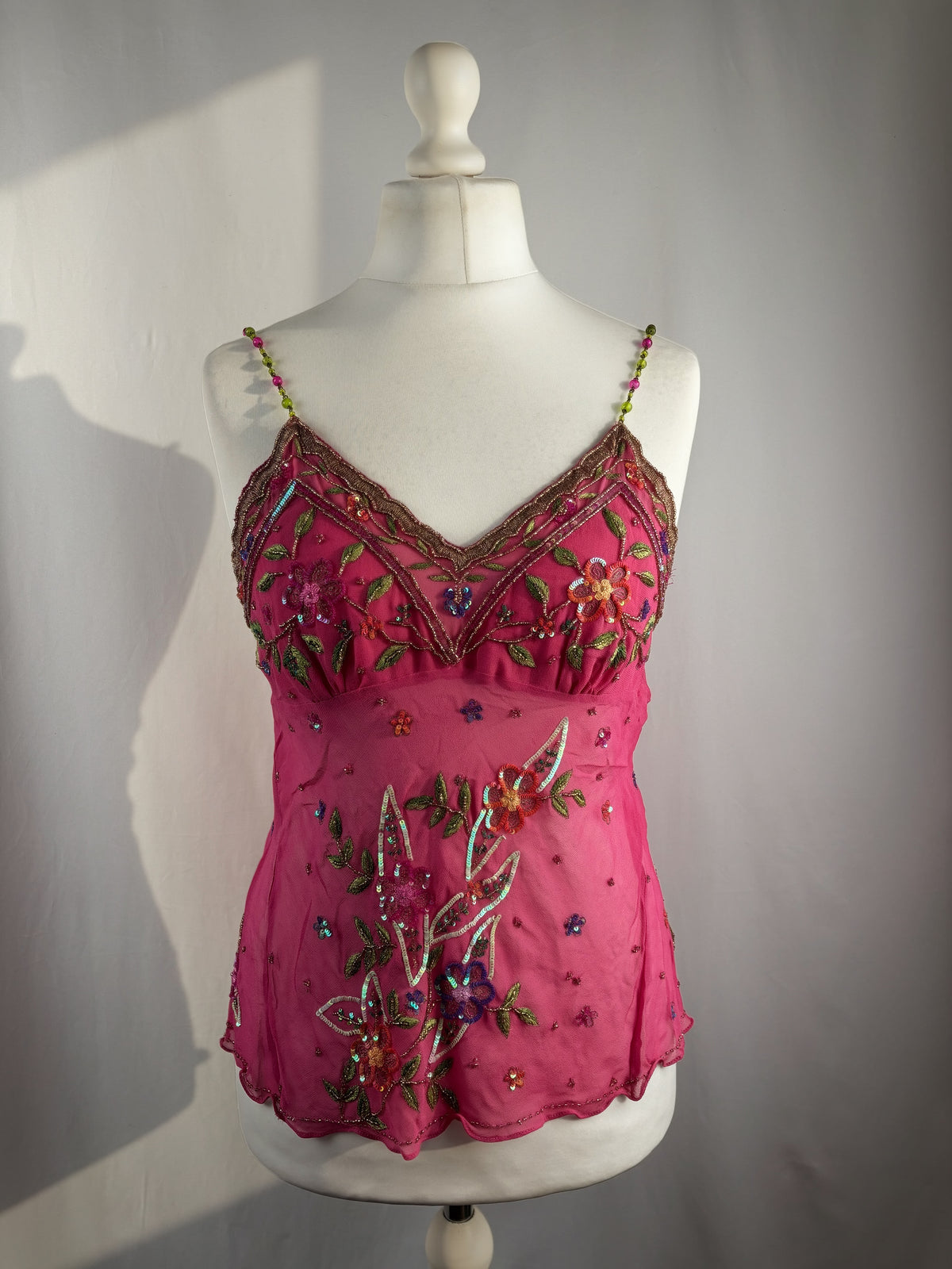 Hot pink sheer embellished aftershock silk cami with beaded straps