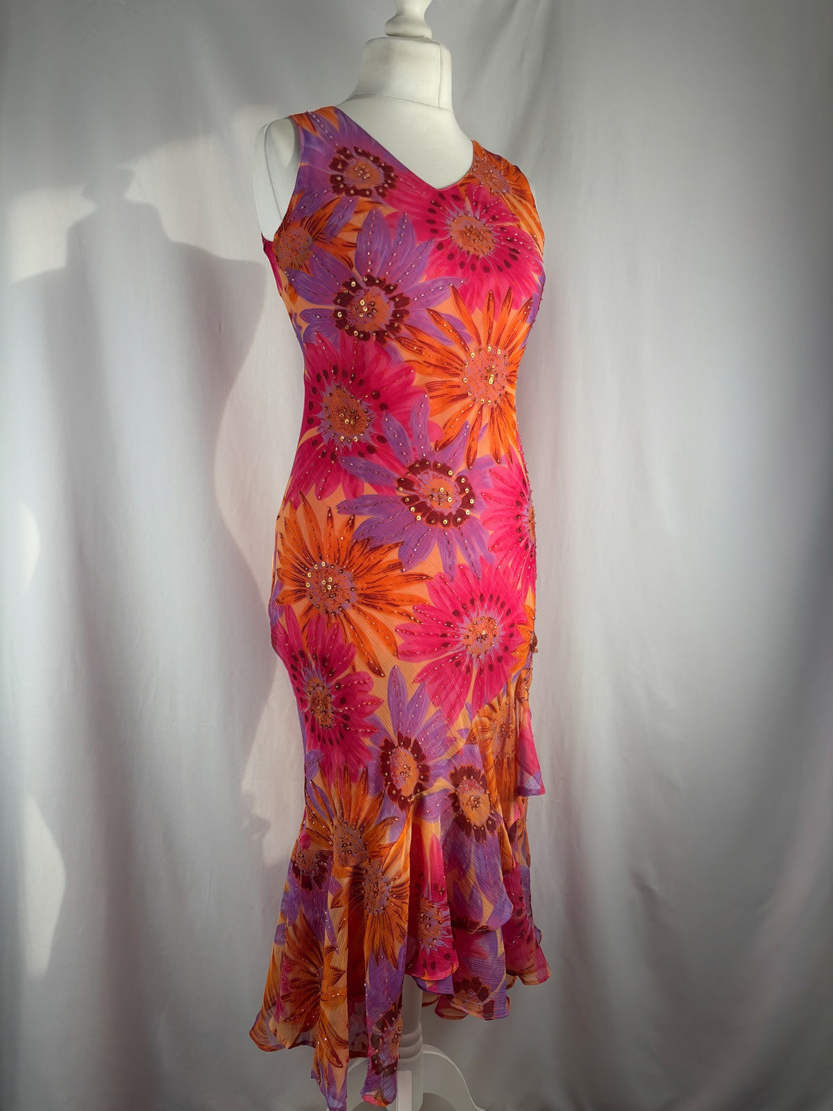 Sunflower ruffle maxi dress embellished throughout with sequins