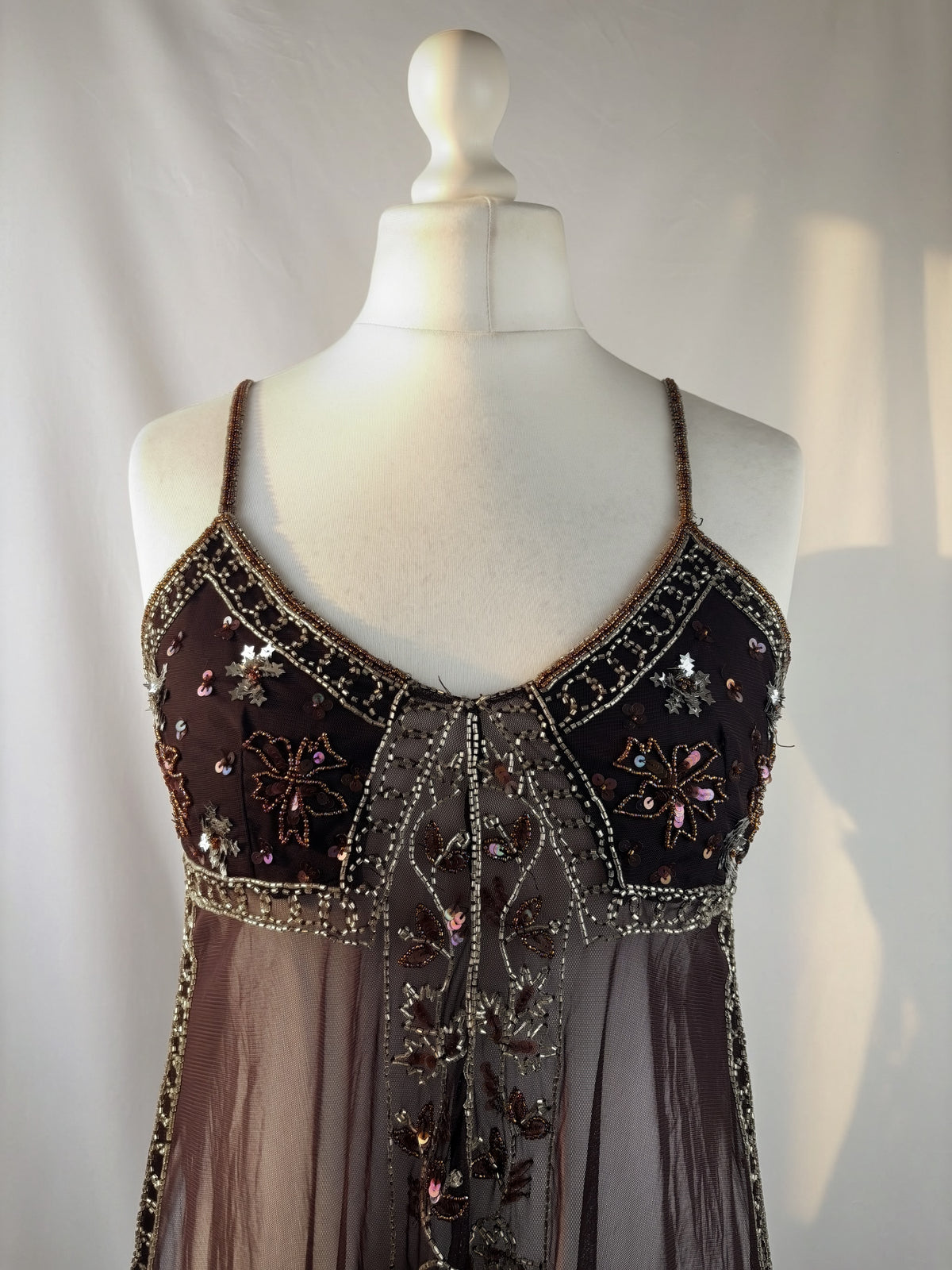 Chocolate brown sheer beaded asymmetric fairy cami