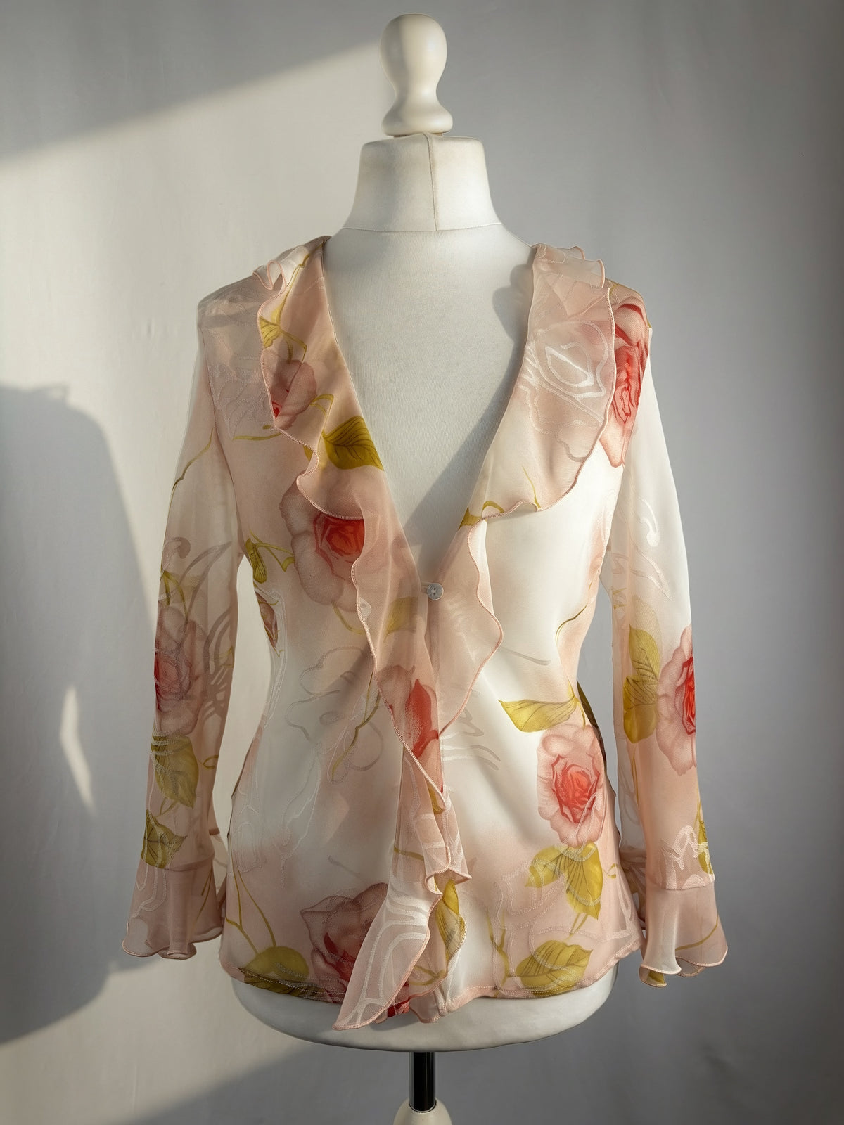 Sheer blush ombré floral button up ruffle cardigan