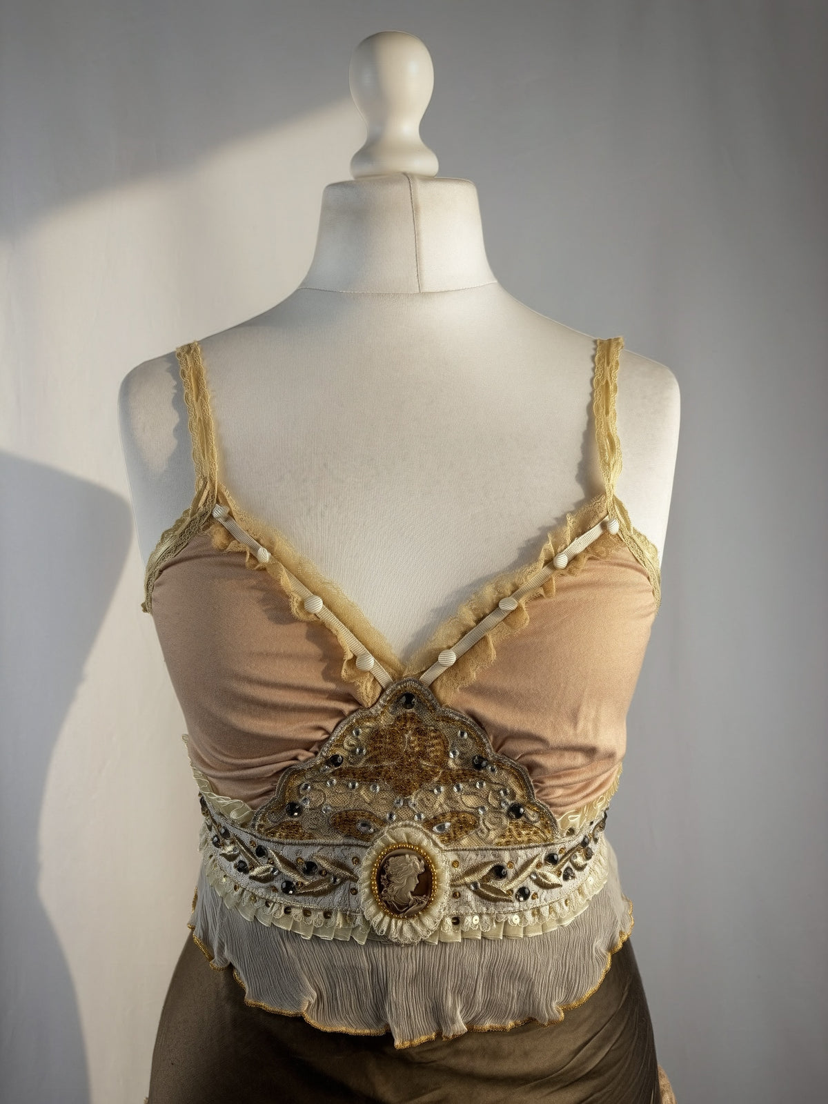 Brown Bony rare silk Victorian style cami with embroidered details