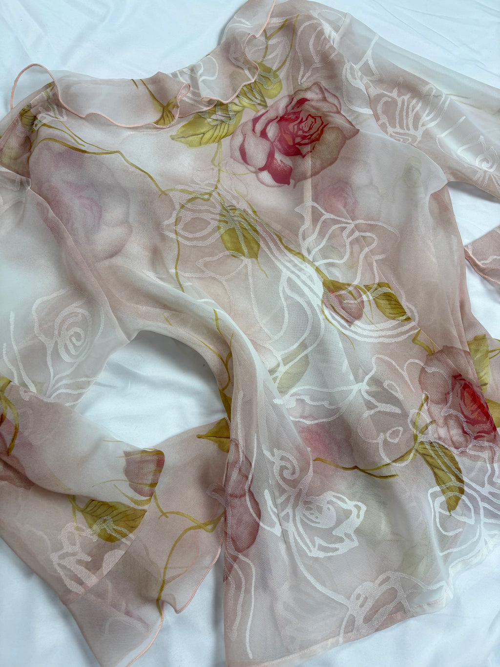 Sheer blush ombré floral button up ruffle cardigan