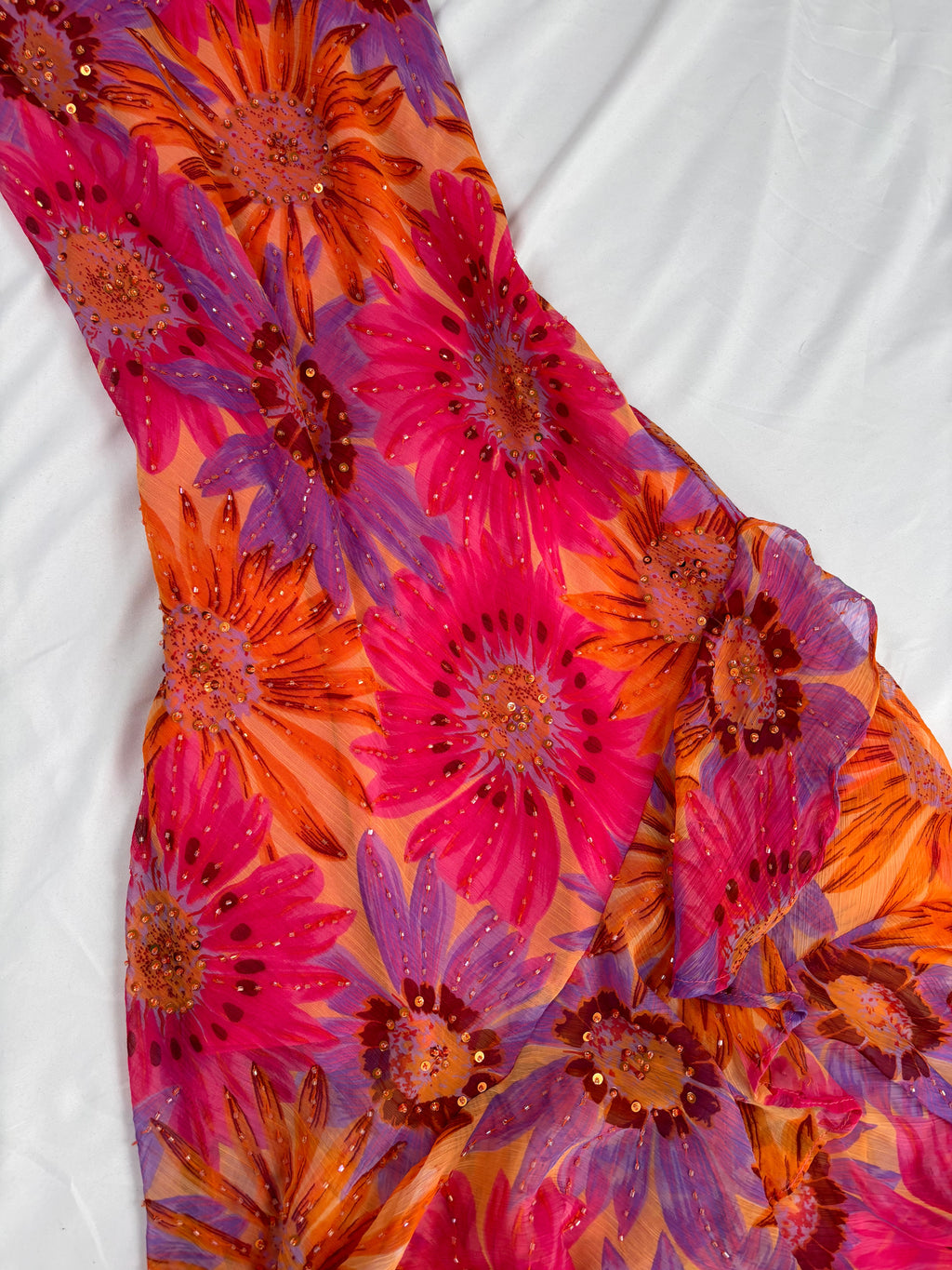 Sunflower ruffle maxi dress embellished throughout with sequins