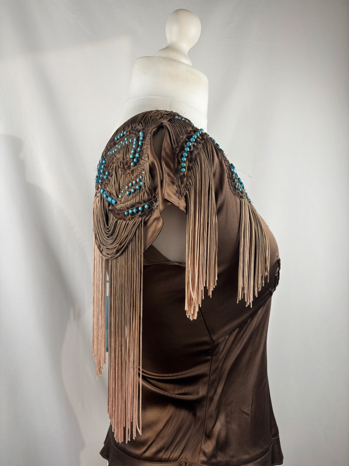 Brown silk western style asymmetric top with tassel details
