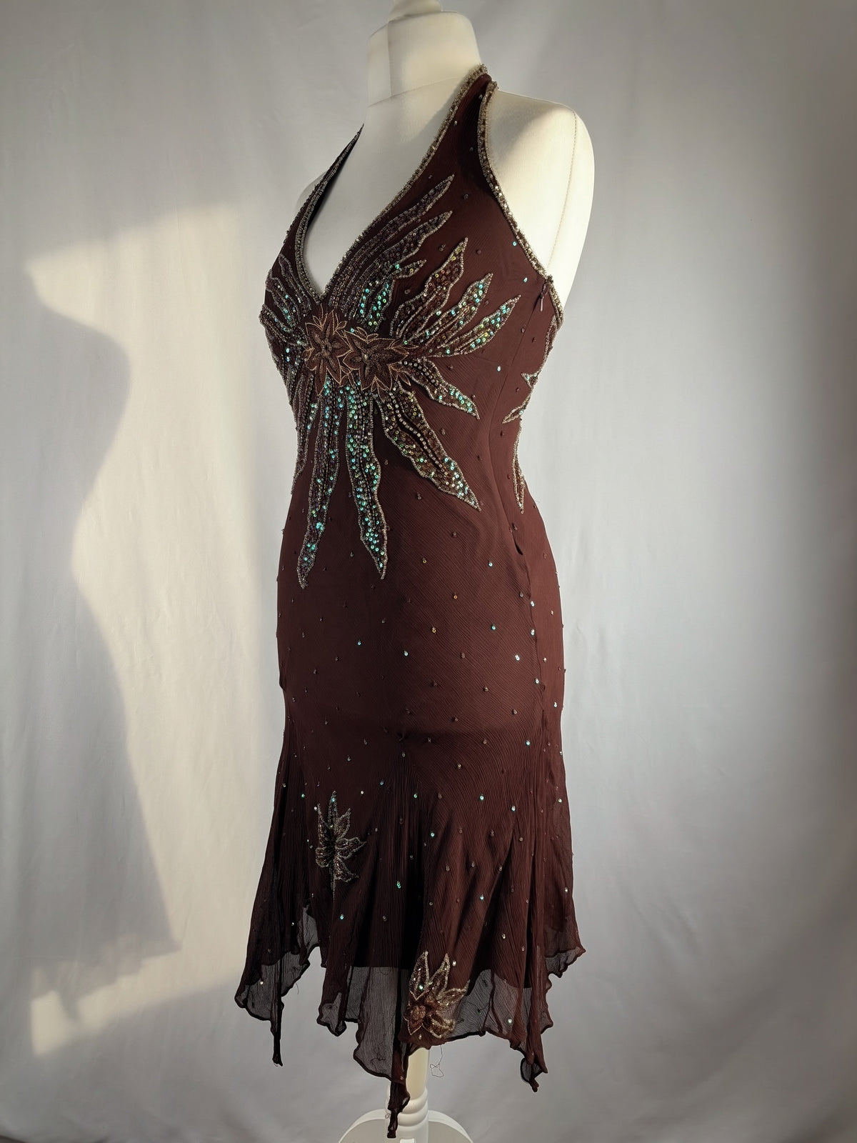 Brown aftershock silk midi dress embellished with sequins
