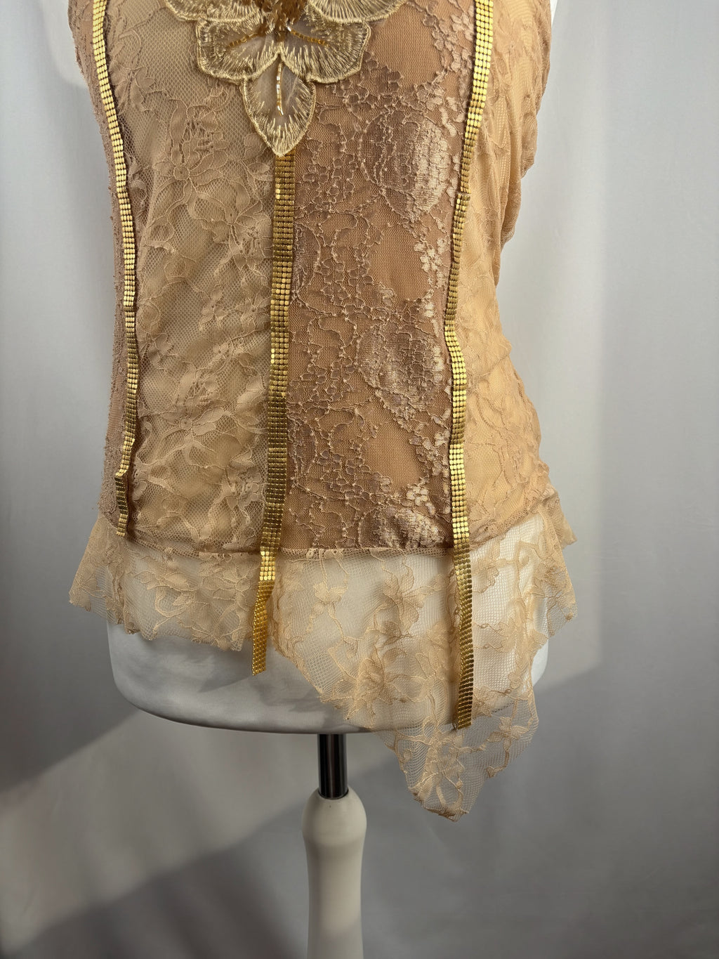 Golden asymmetric lace cami with embellished sequins