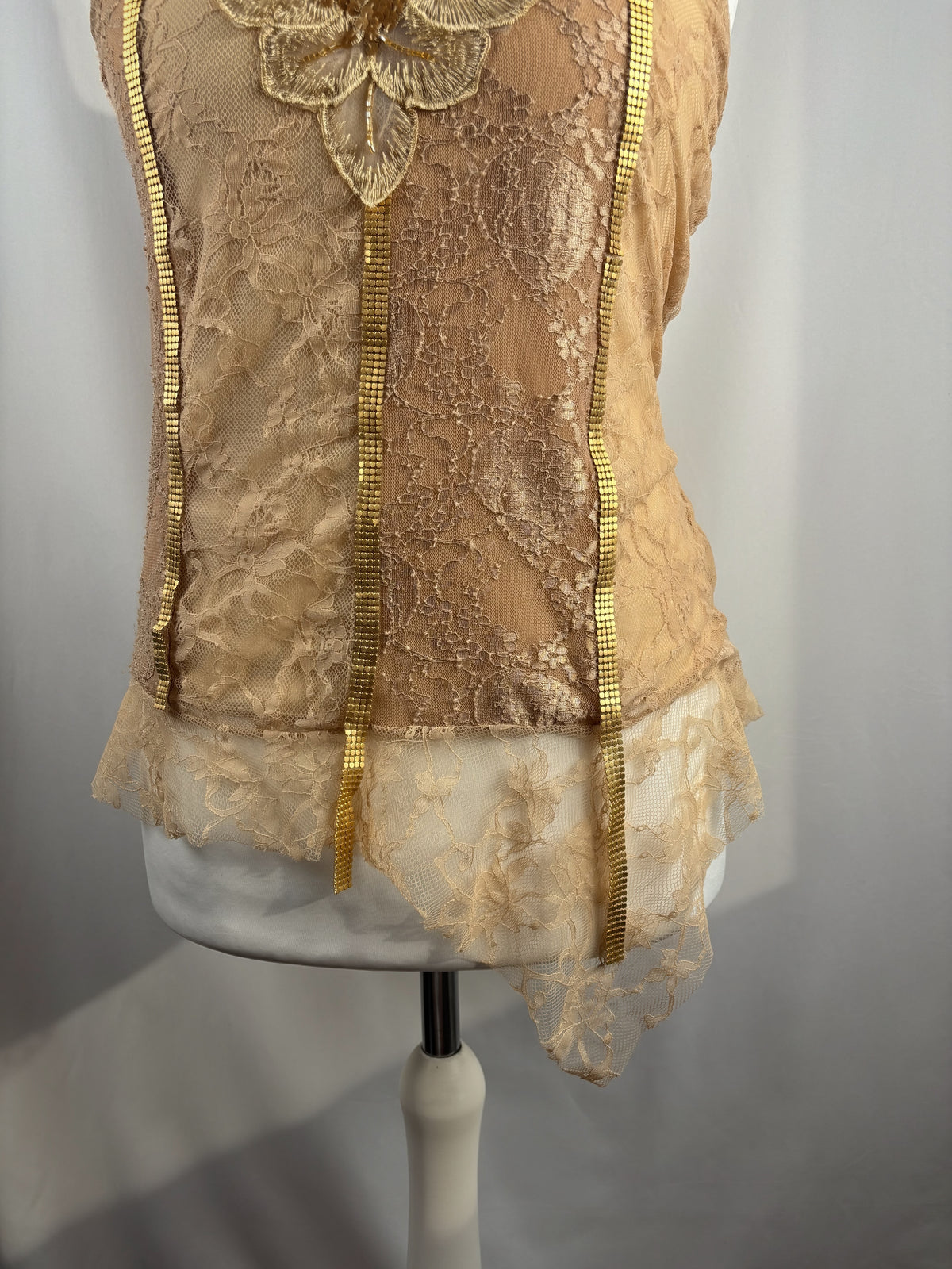 Golden asymmetric lace cami with embellished sequins