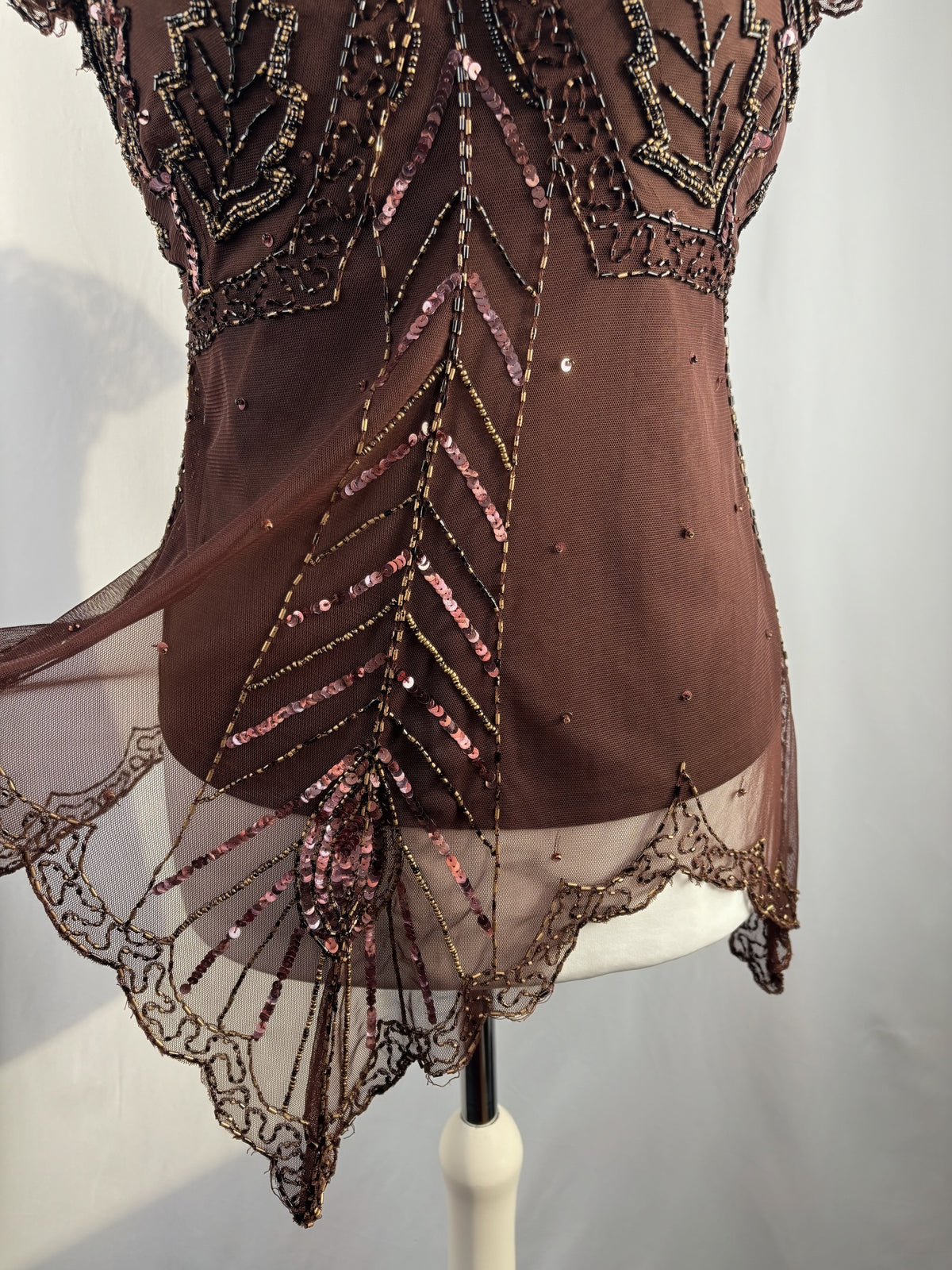 Chocolate brown asymmetrical mesh fairy top with v-neckline