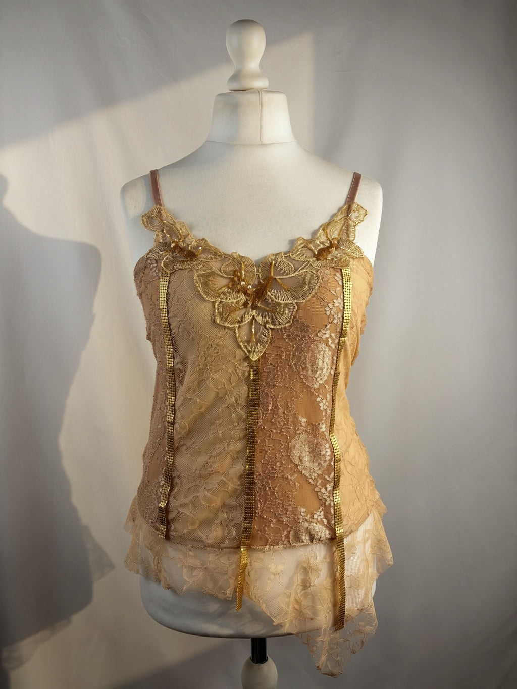 Golden asymmetric lace cami with embellished sequins
