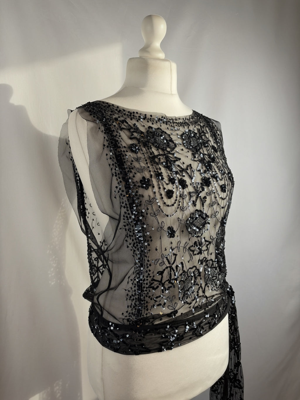 Black sheer silk side tie top embellished with sequins