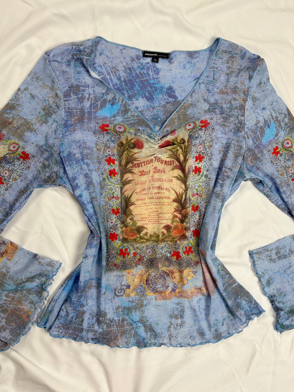 Blue sheer mesh Scotland graphic wide sleeve top
