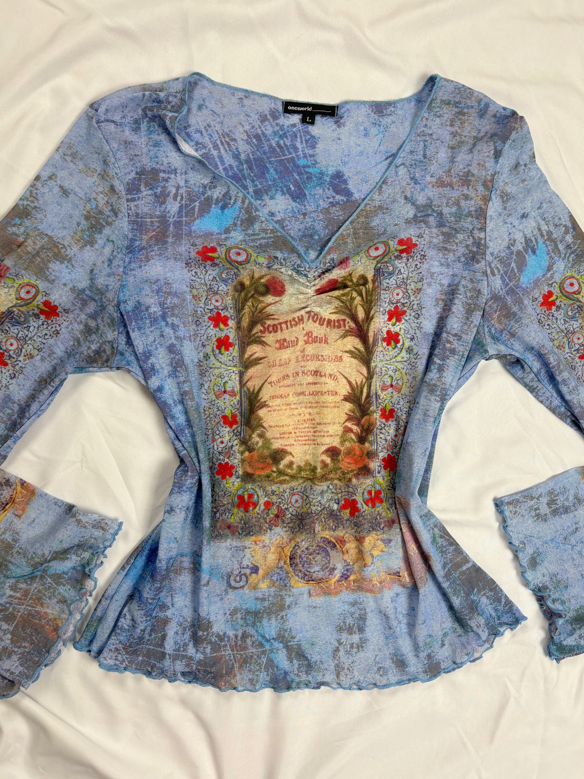 Blue sheer mesh Scotland graphic wide sleeve top