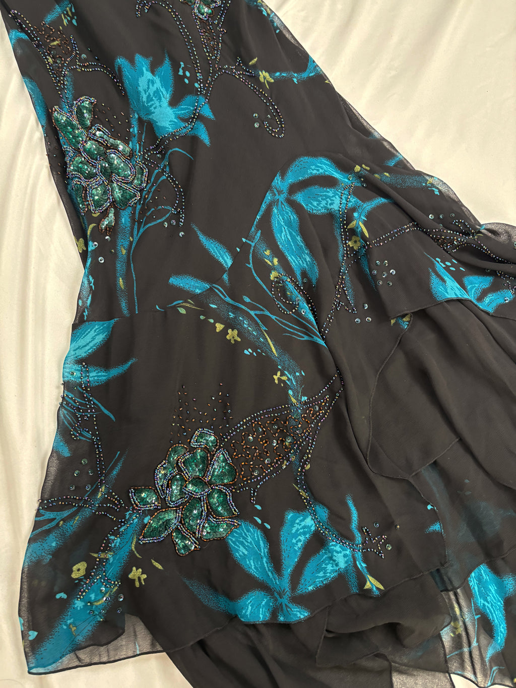 Black and blue floral asymmetric beaded dress with shawl