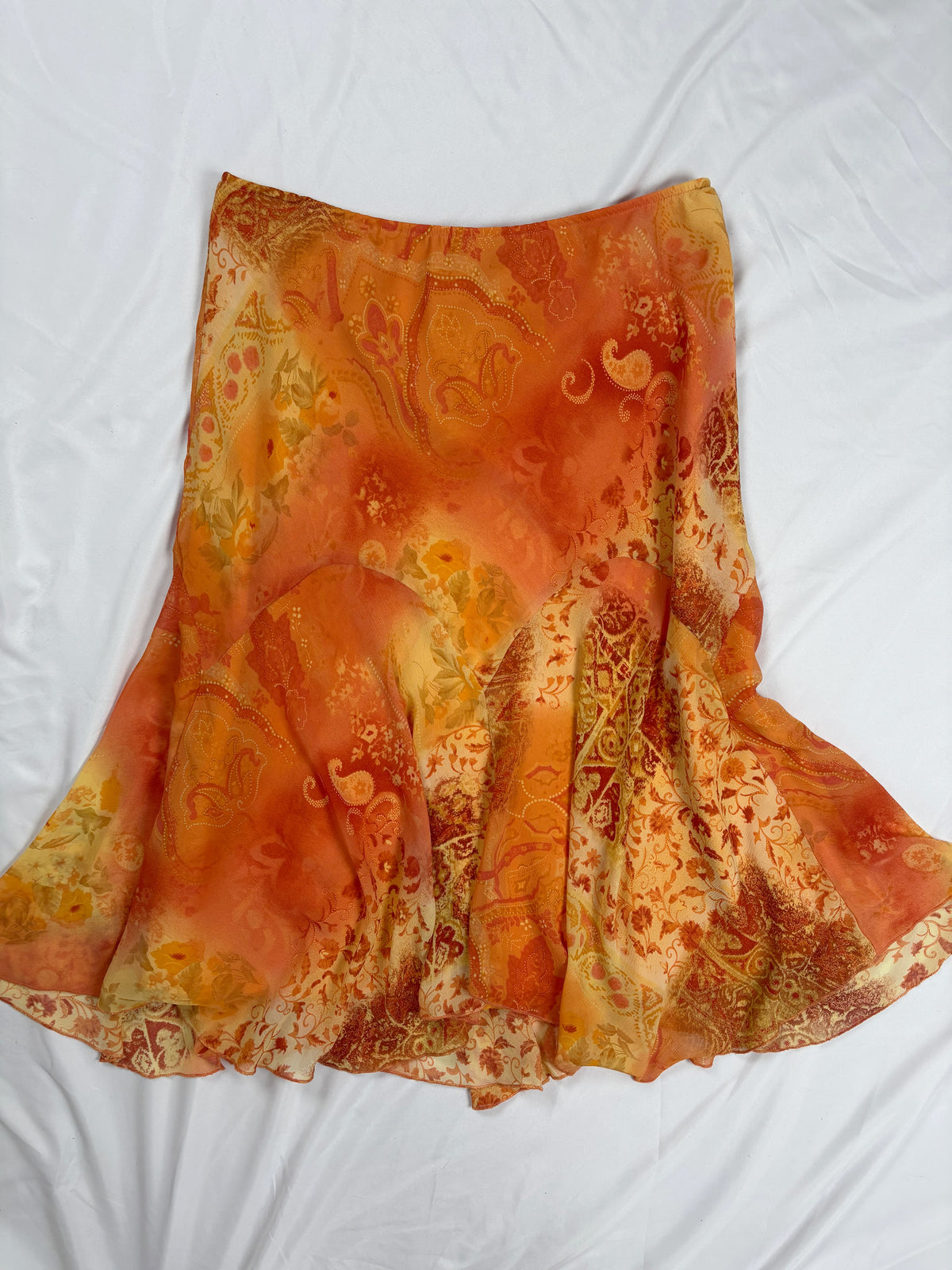 Orange and yellow ombré floral midi skirt