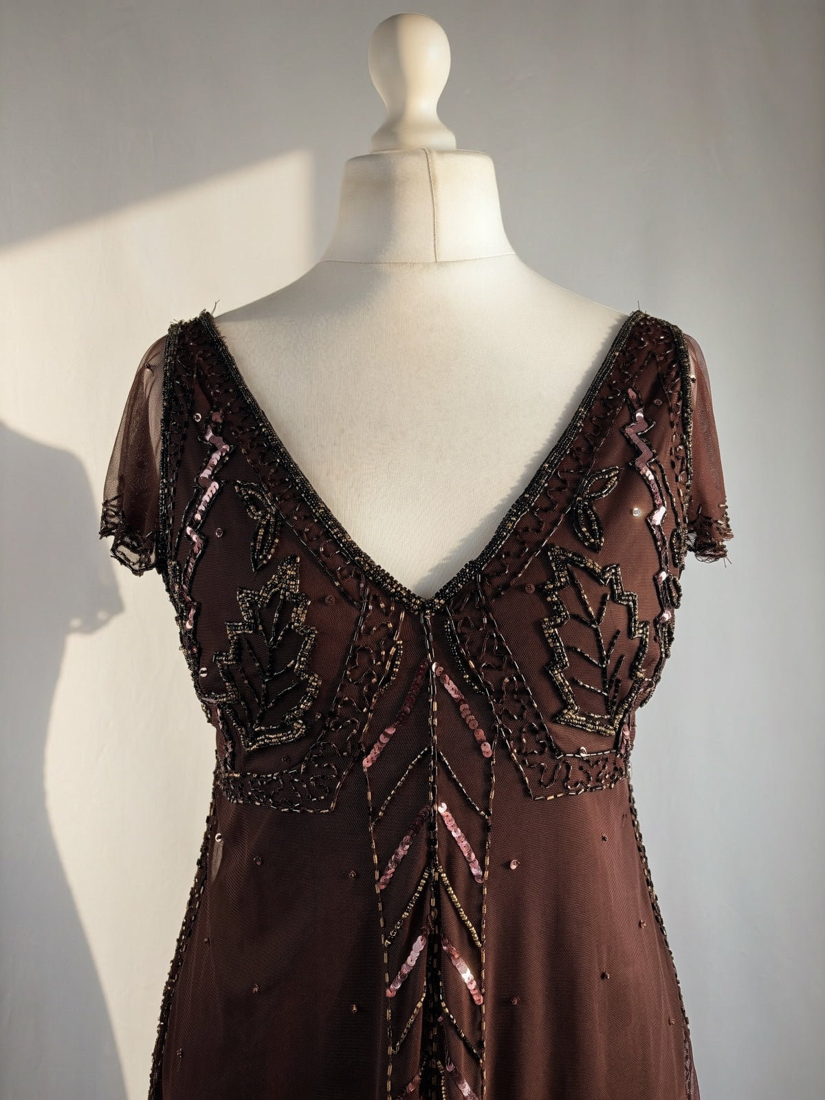 Chocolate brown asymmetrical mesh fairy top with v-neckline