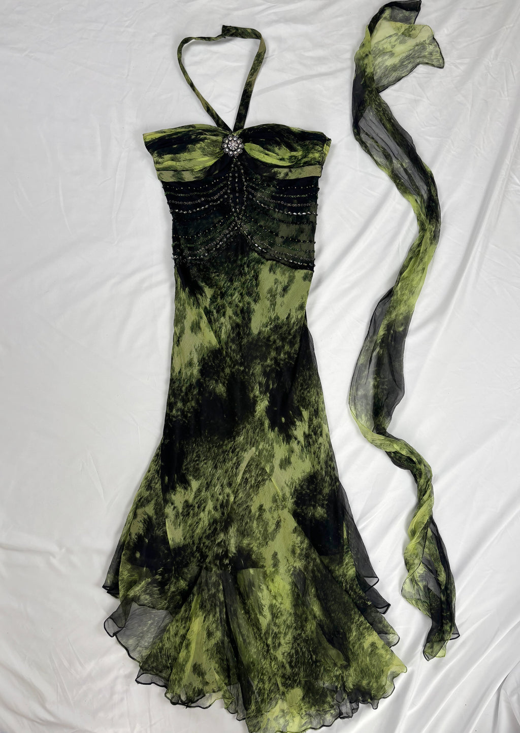 Black and green silk asymmetric beaded halterneck dress with shawl