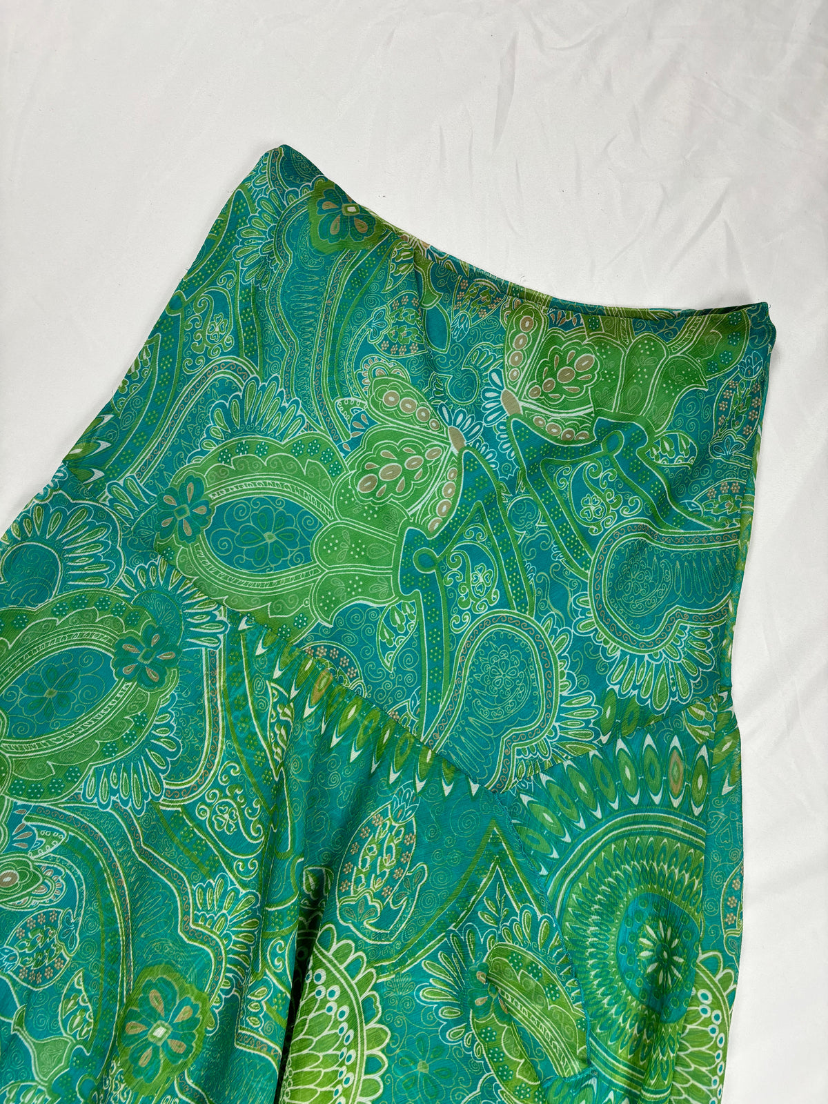Green and blue tropical ruffle detailed midi skirt