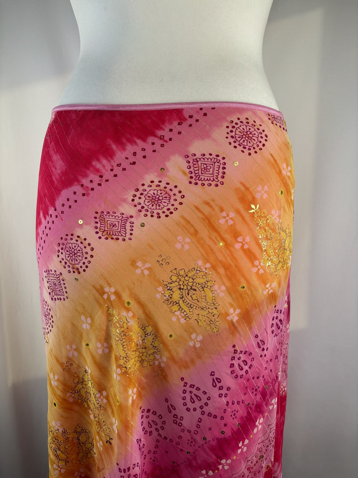 Pink and yellow ombré midi skirt with gold detailing