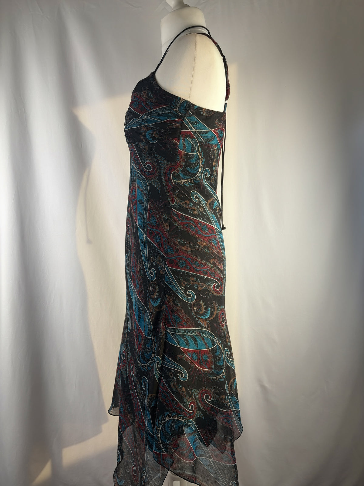 Paisley asymmetric maxi dress with beaded halterneck detail