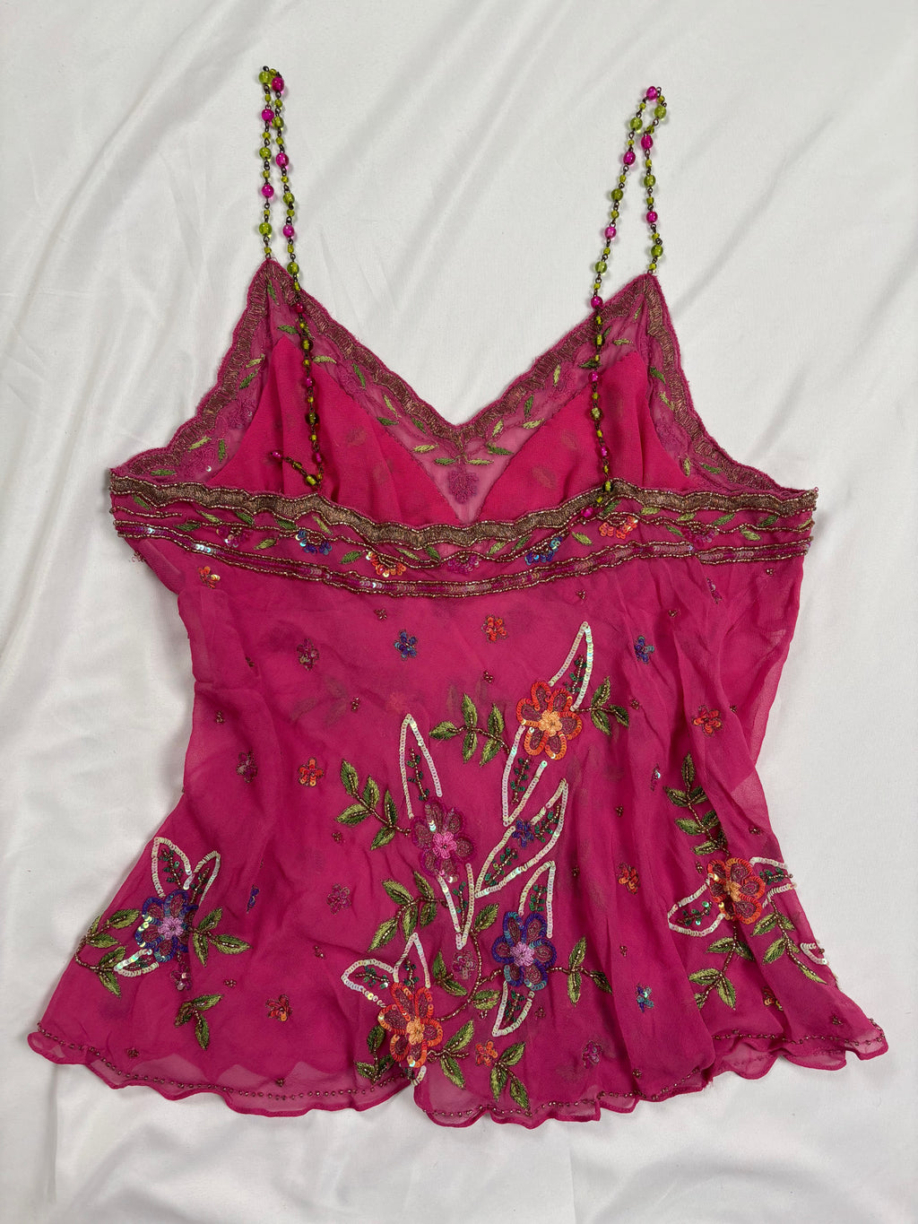 Hot pink sheer embellished aftershock silk cami with beaded straps