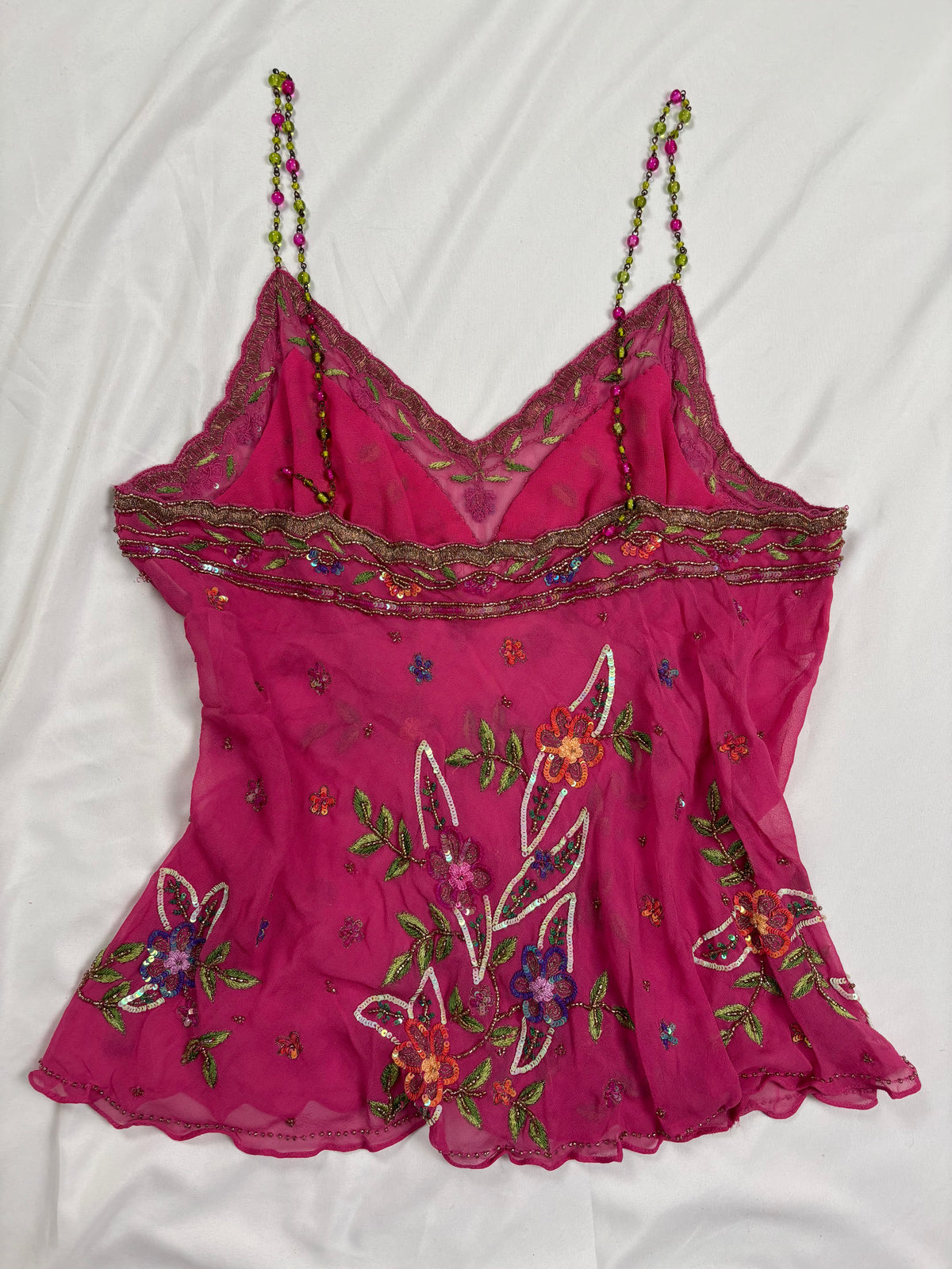 Hot pink sheer embellished aftershock silk cami with beaded straps